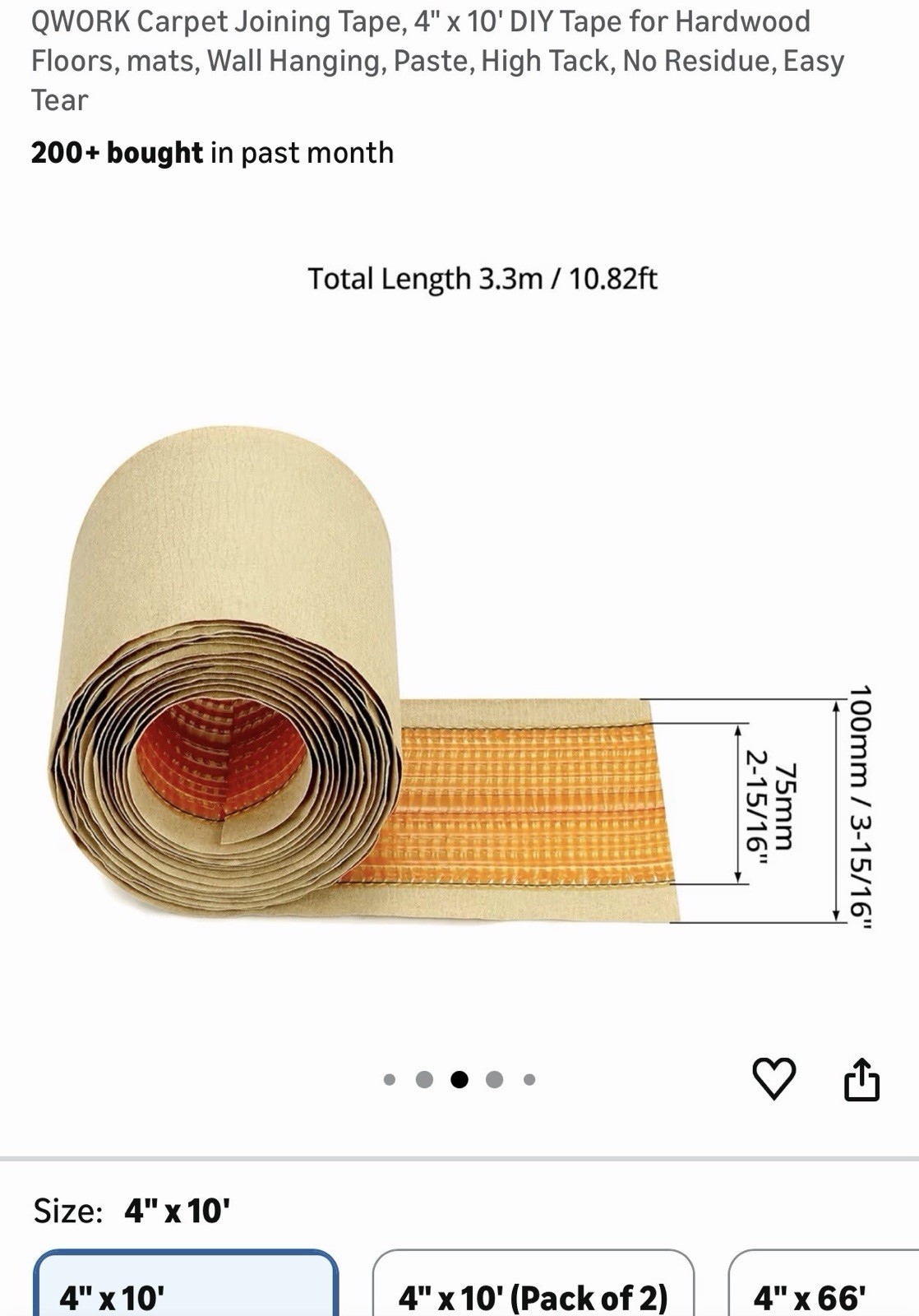 Rug Tape: Carpet Tape for Area Rugs & Hardwood Floors, Adhesive,4ft x 4in W