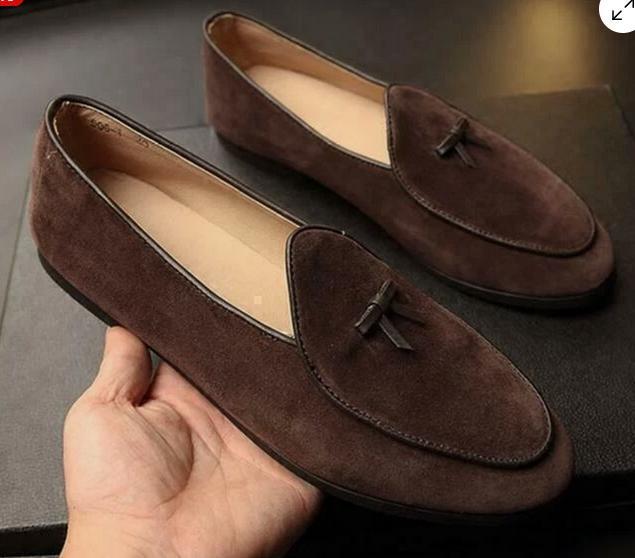 Men's suede Leather Slippers Loafers Slip on Bowtie Belgian Dress Shoes business