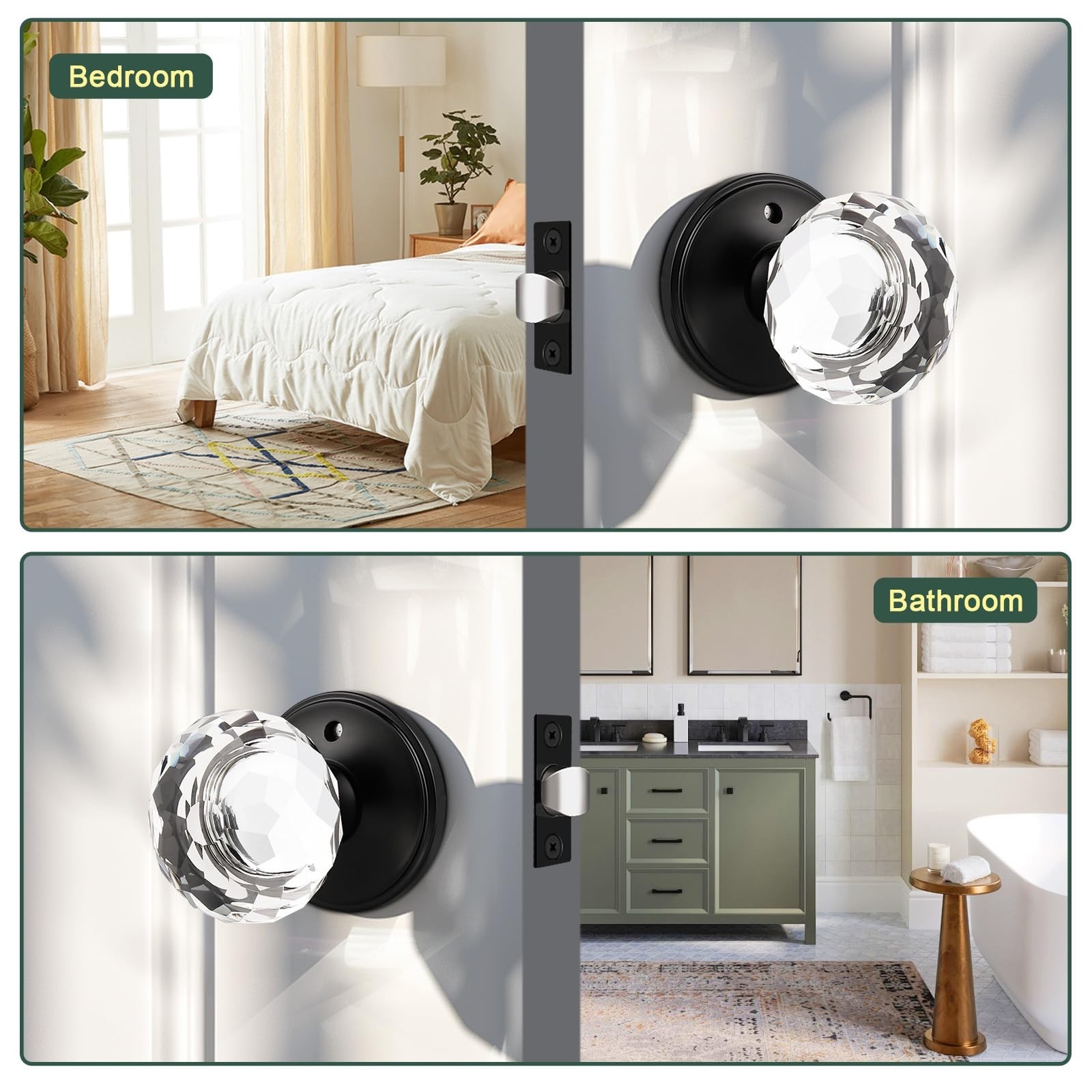 5 Pack Crystal Door Knobs Interior, Elegant Matte Black Glass Door Knobs, Key...