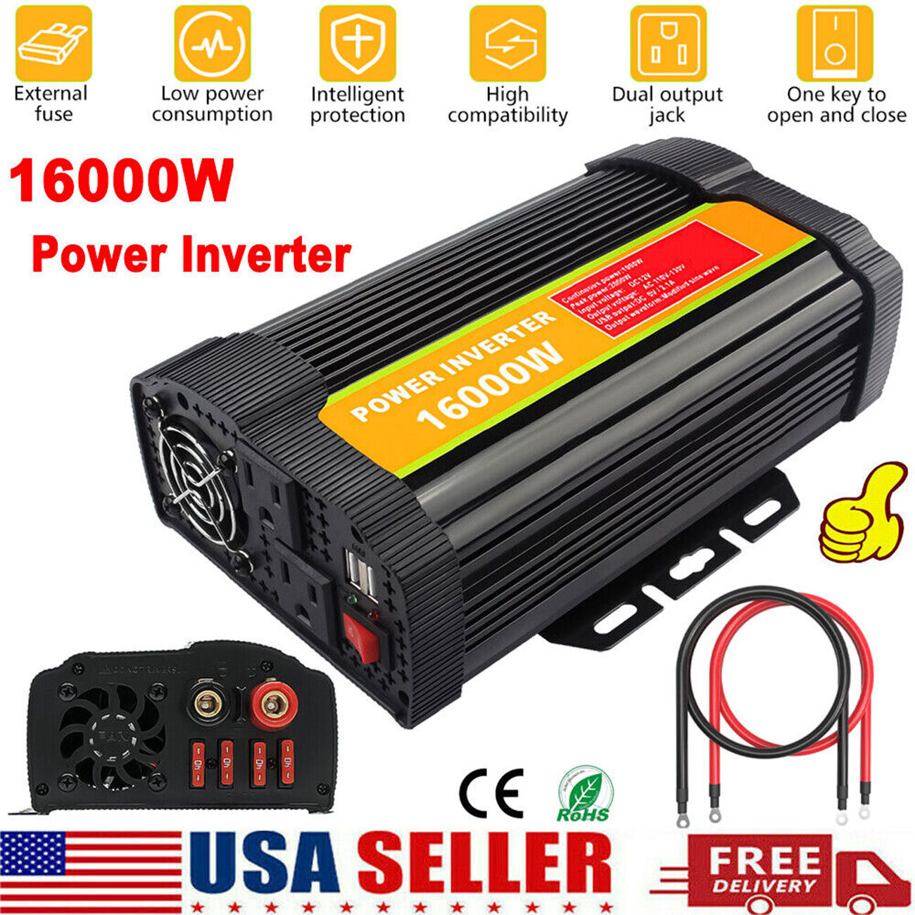 16000W Pure Sine Wave Car Power Inverter DC 12V To AC 110V RV Solar Converter