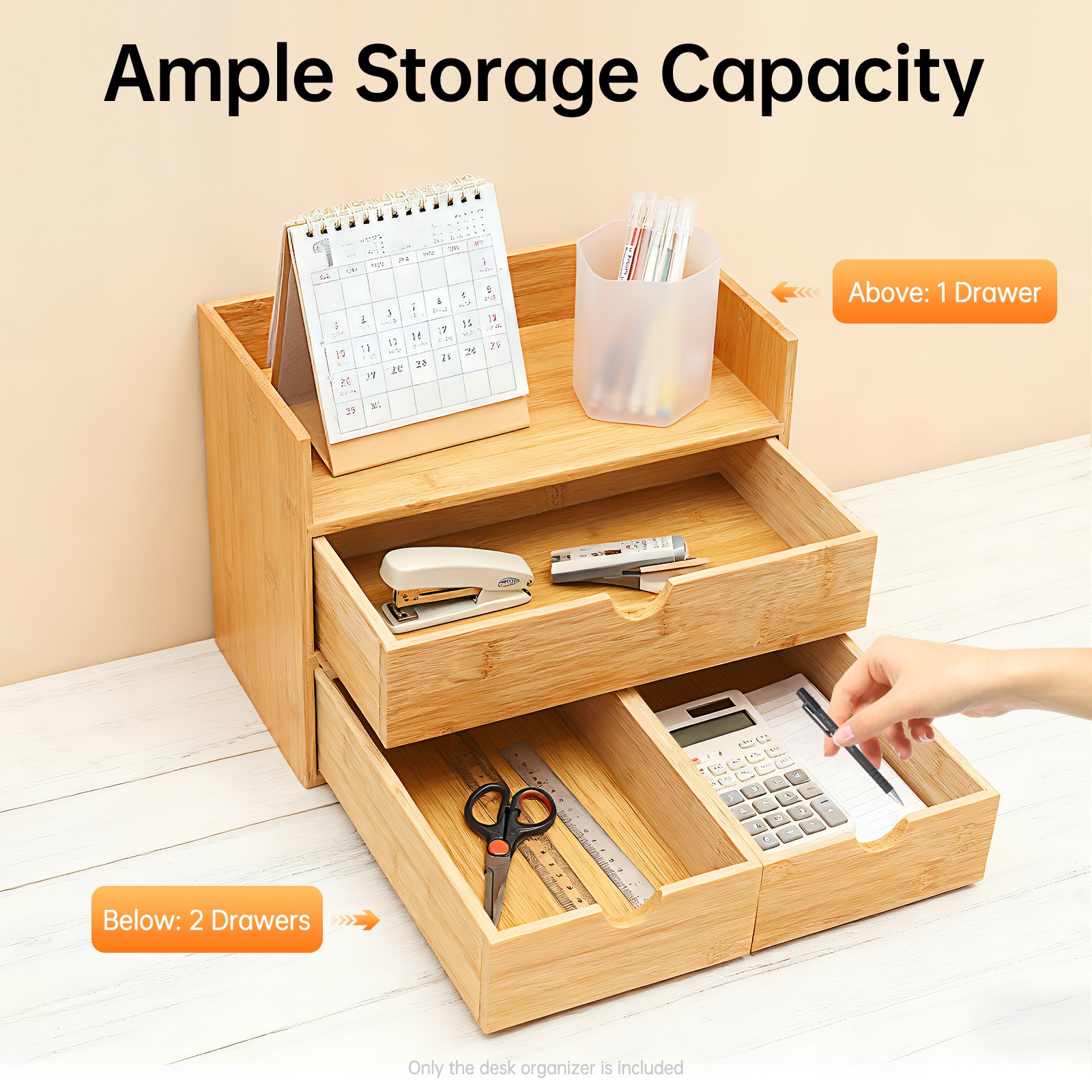 Bamboo Desk Organizer with 3 Drawers Tabletop Cosmetic Storage Simple Design NEW