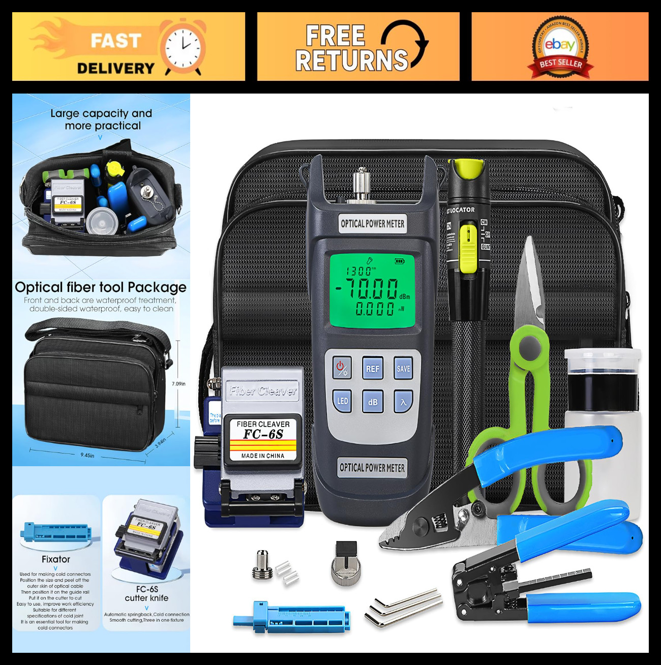 9-in-1 Fiber Optic Termination Tool Kit, Cold Welding Set, Optical Fiber Cleaver