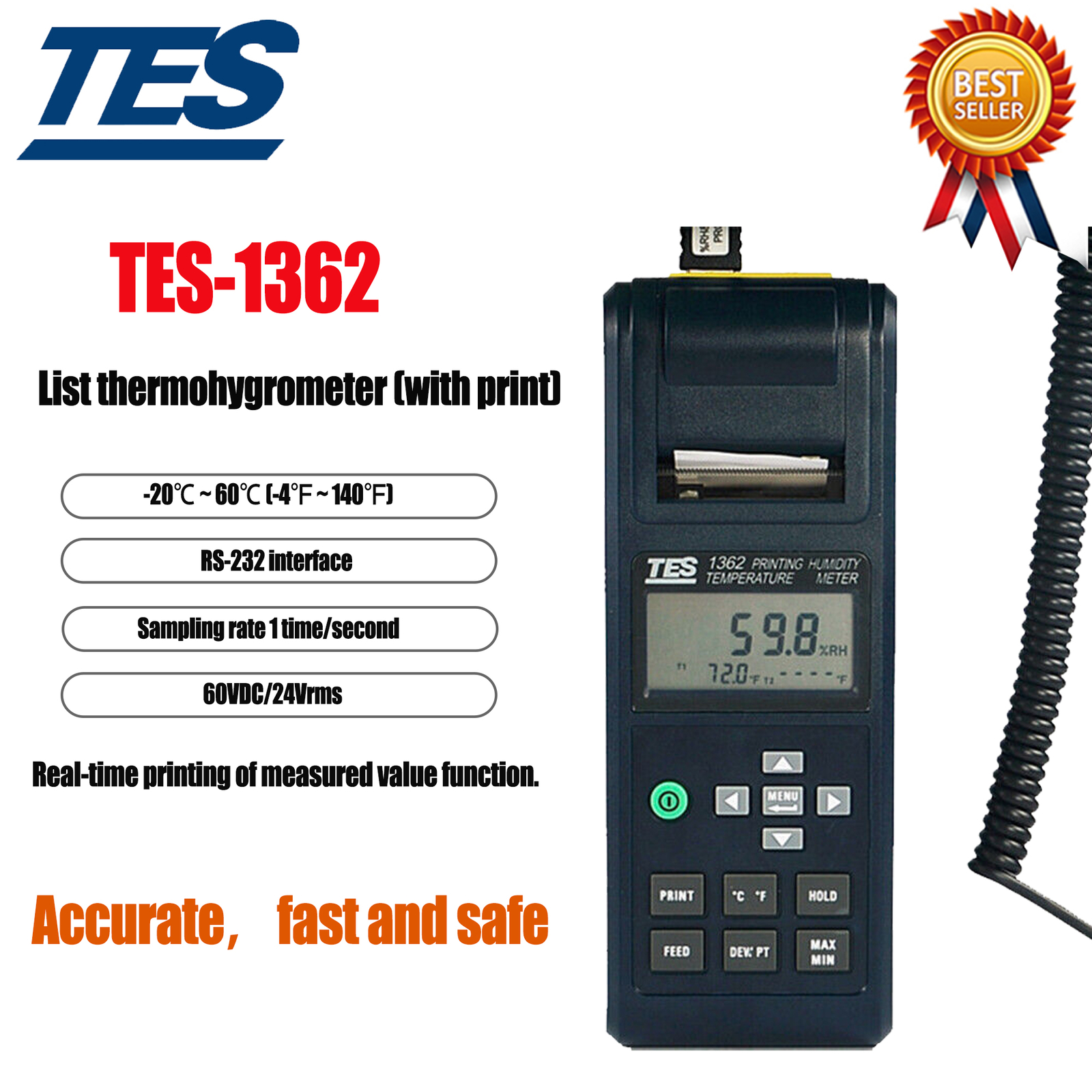 TES-1362 Printing Humidity Temperature Meter,Air Temperature/Type K
