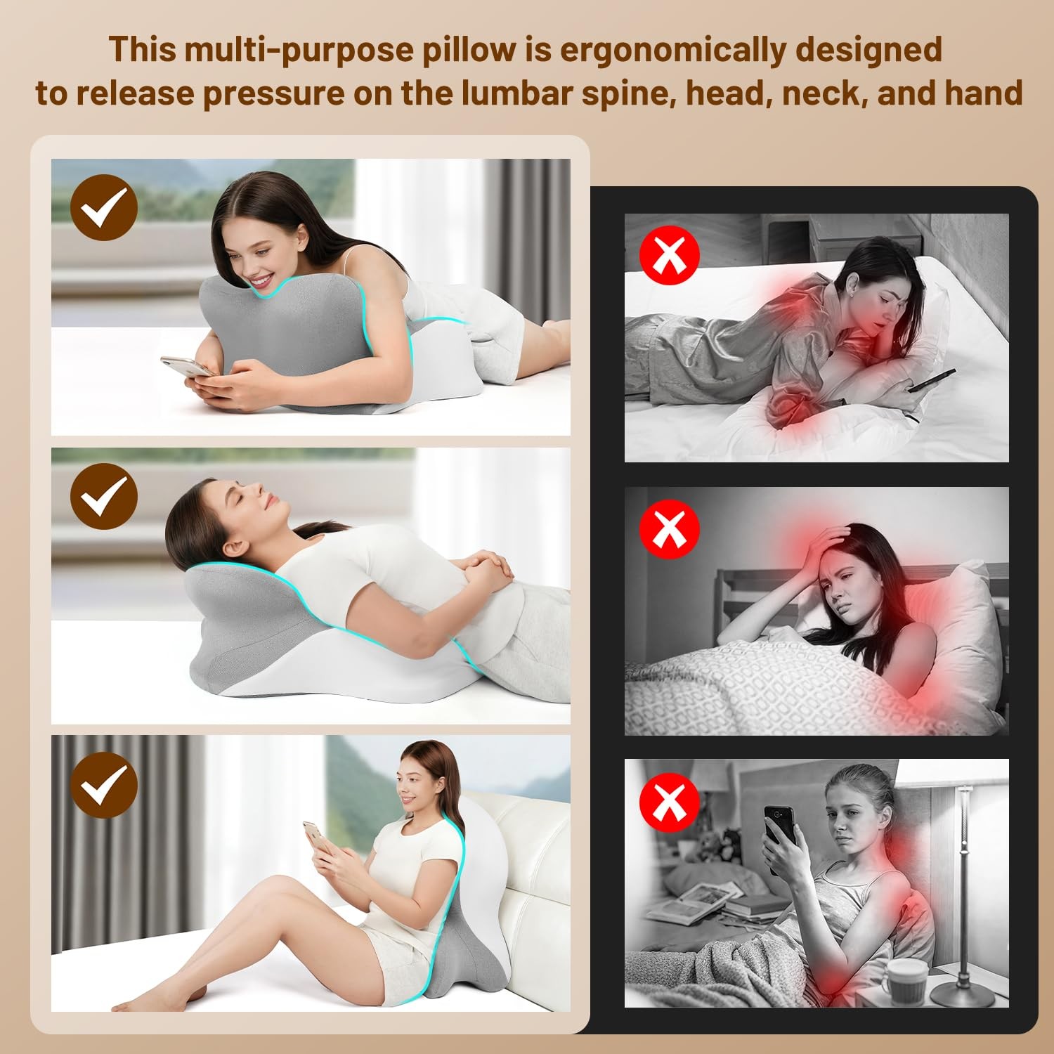 Memory Foam Ergonomic Wedge Pillow, Reading Pillow for Bed, Headboard Pillow ...