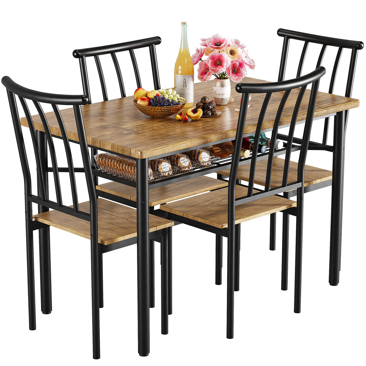 5 Piece Dining Table Set for 4 Kitchen Table and Chairs with Storage Rack Meta