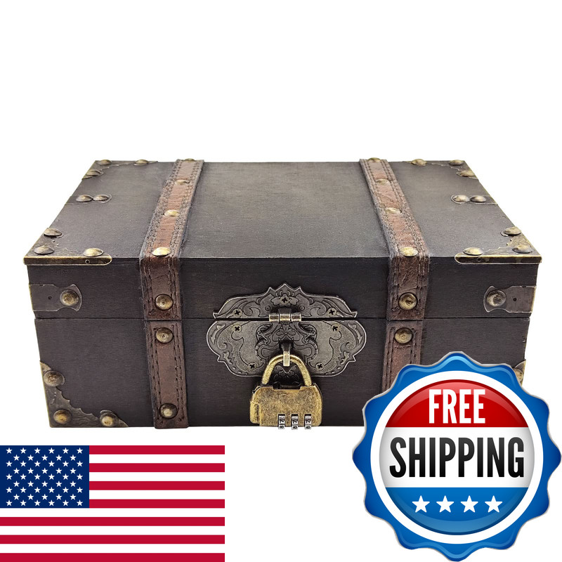 Flylin Vintage Wooden Storage Lock Treasure Jewelry Chest Decorative Treasure