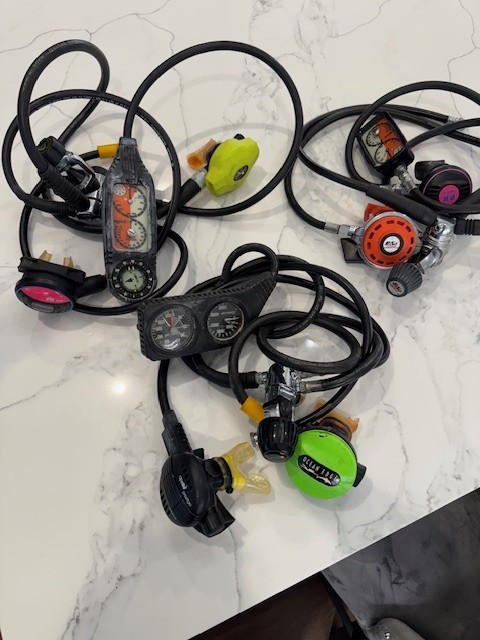 Lot of 3- Scuba Regulator Sets, 3-1st stages & gauges, 6-2nd stages-Not tested