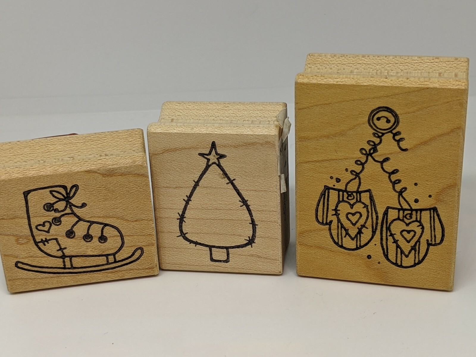 3 Small  Christmas Stamps Skate, Tree, Mittens  - Wood / Rubber Stamp - GI