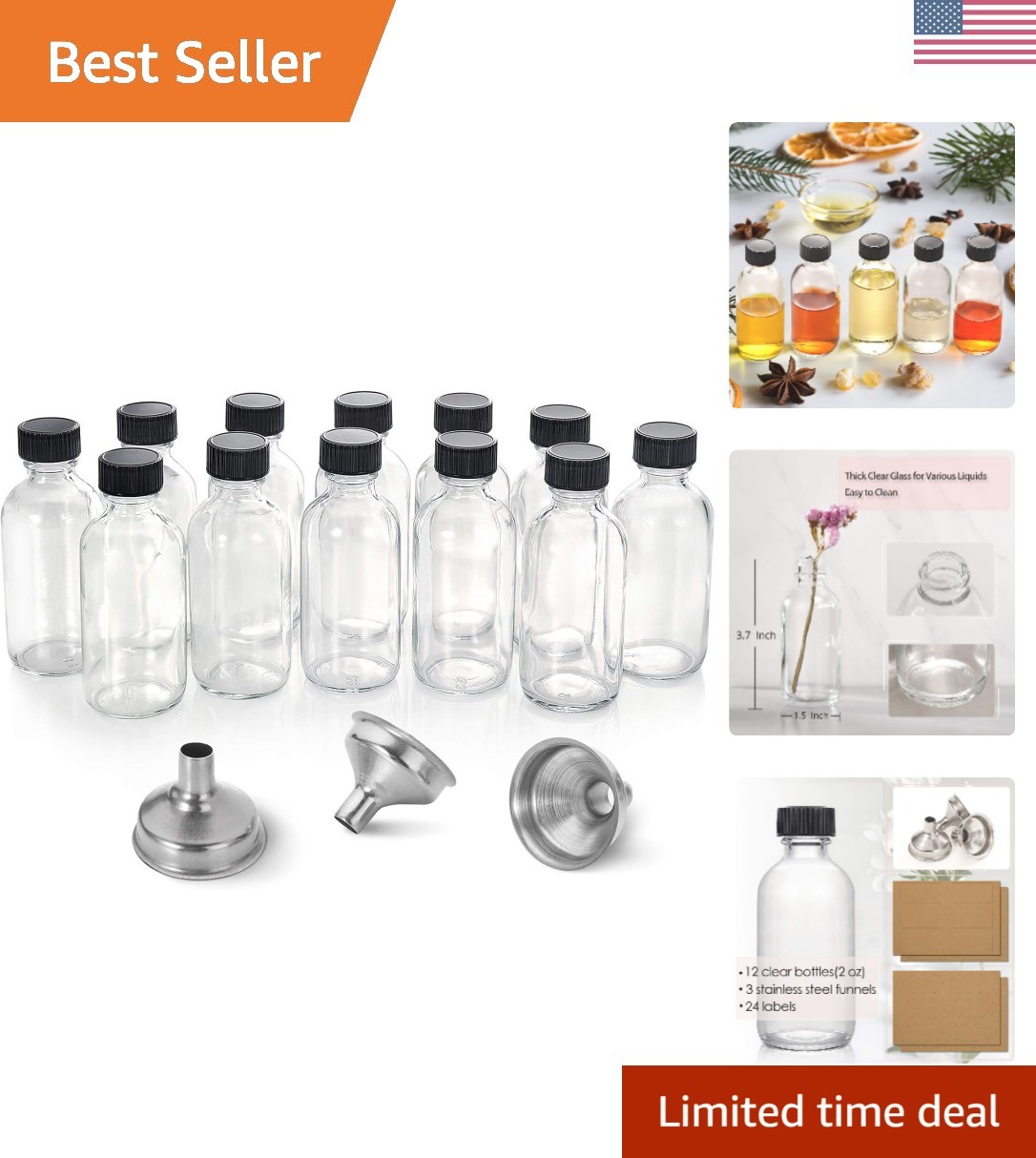 12 Pack, 2 oz Small Clear Glass Bottles w/Lid & 3 Funnels - 60ml Boston Shot ...