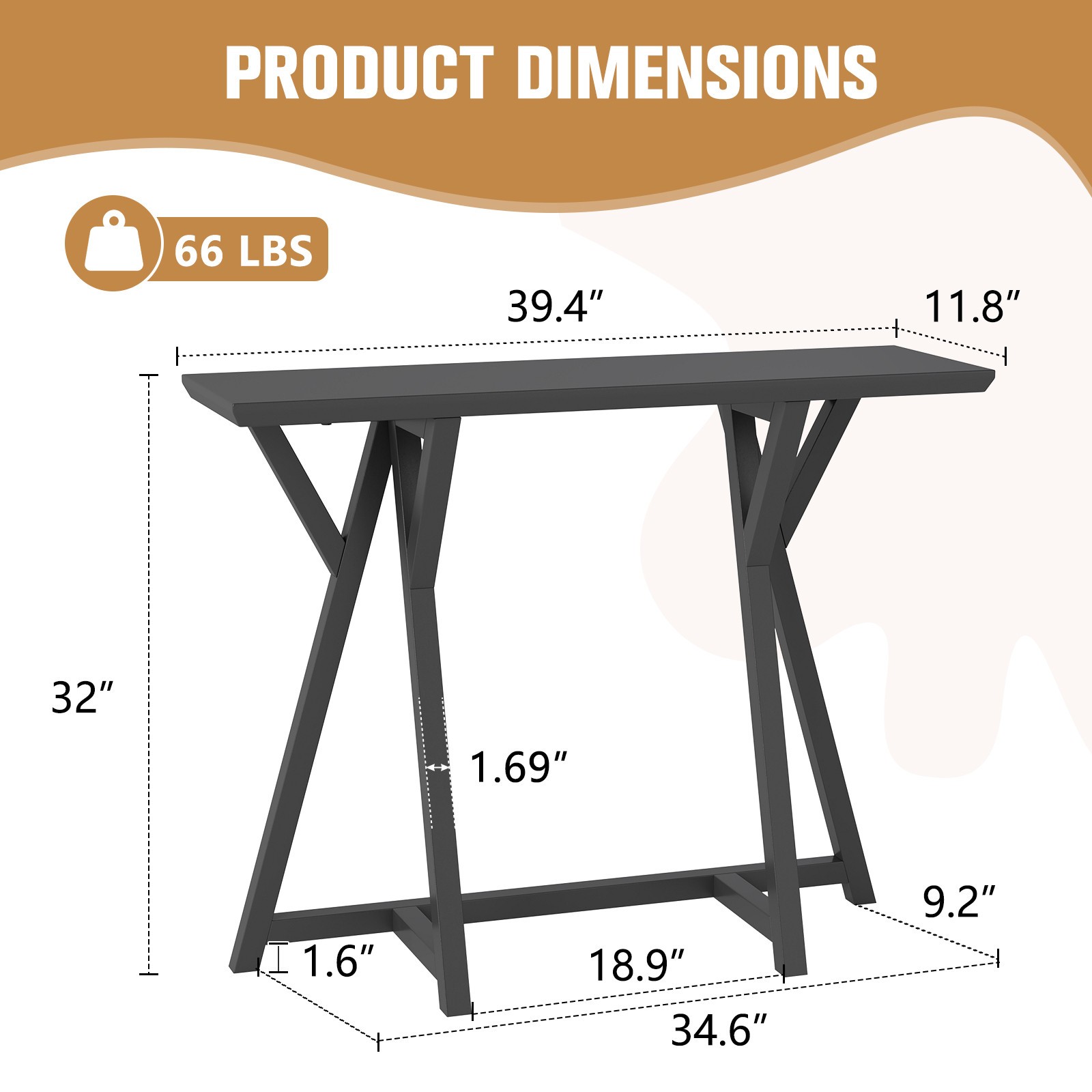 Black Console Table, Triangle Structure Design Sofa Table for Living Room