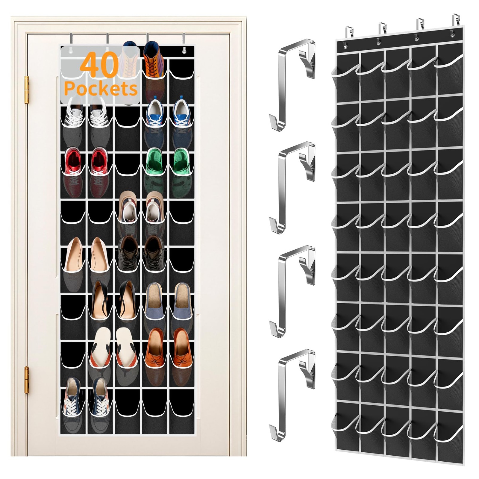 Over the Door Shoe Organizer with 40 Large Pockets, Multi-Purpose Storage for...