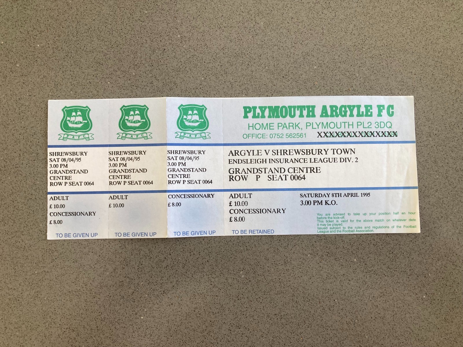 Plymouth Argyle v Shrewsbury Town 1994-95 Match Ticket