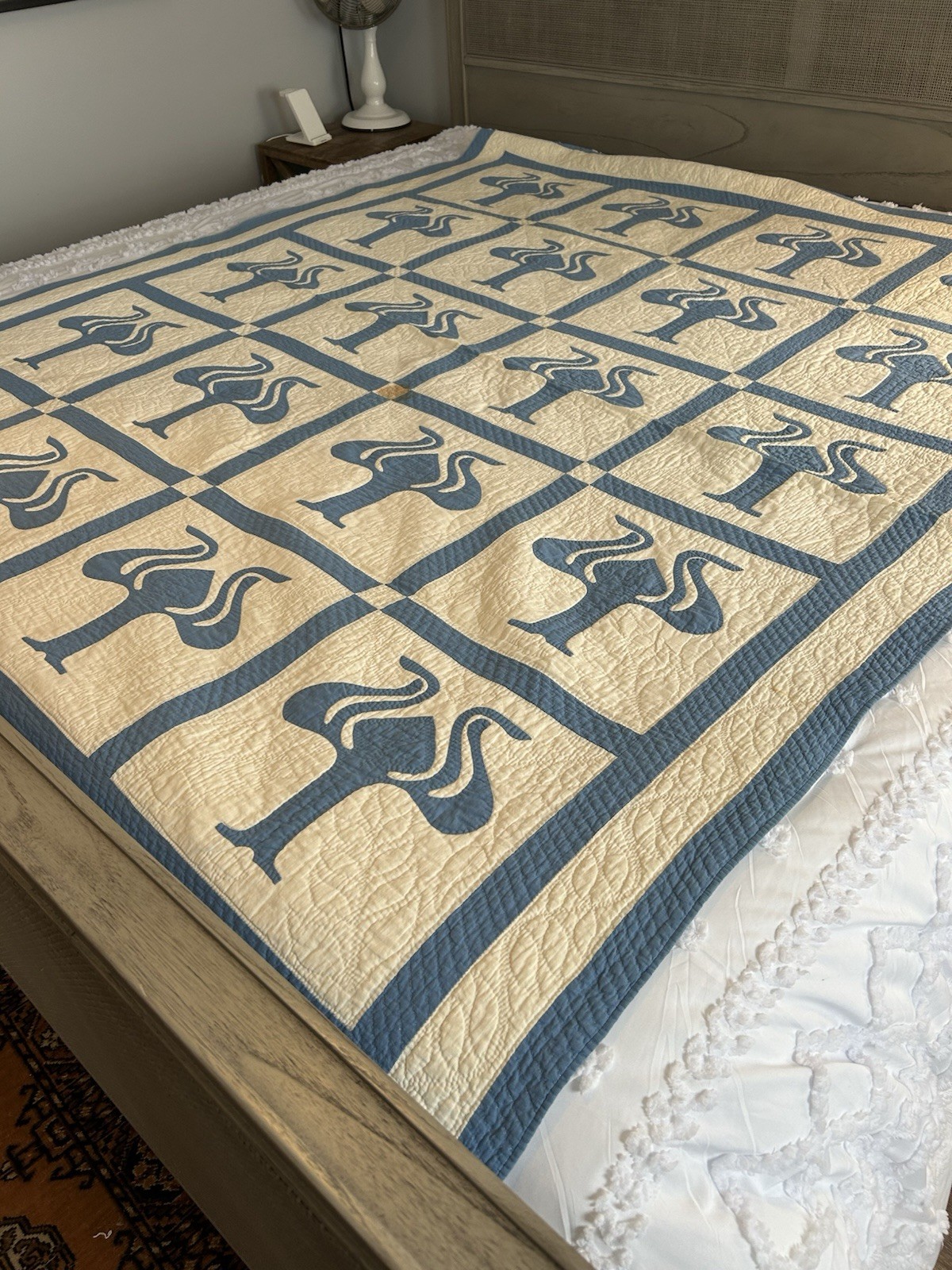 Cotton quilt with blue Hawaiian Breadfruit (Ulu) pattern