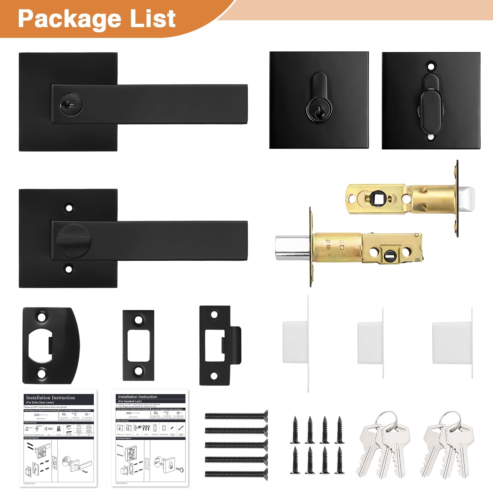 Probrico Flat Black Entry Levers Lock Sets and Single Cylinder 1 Pack,