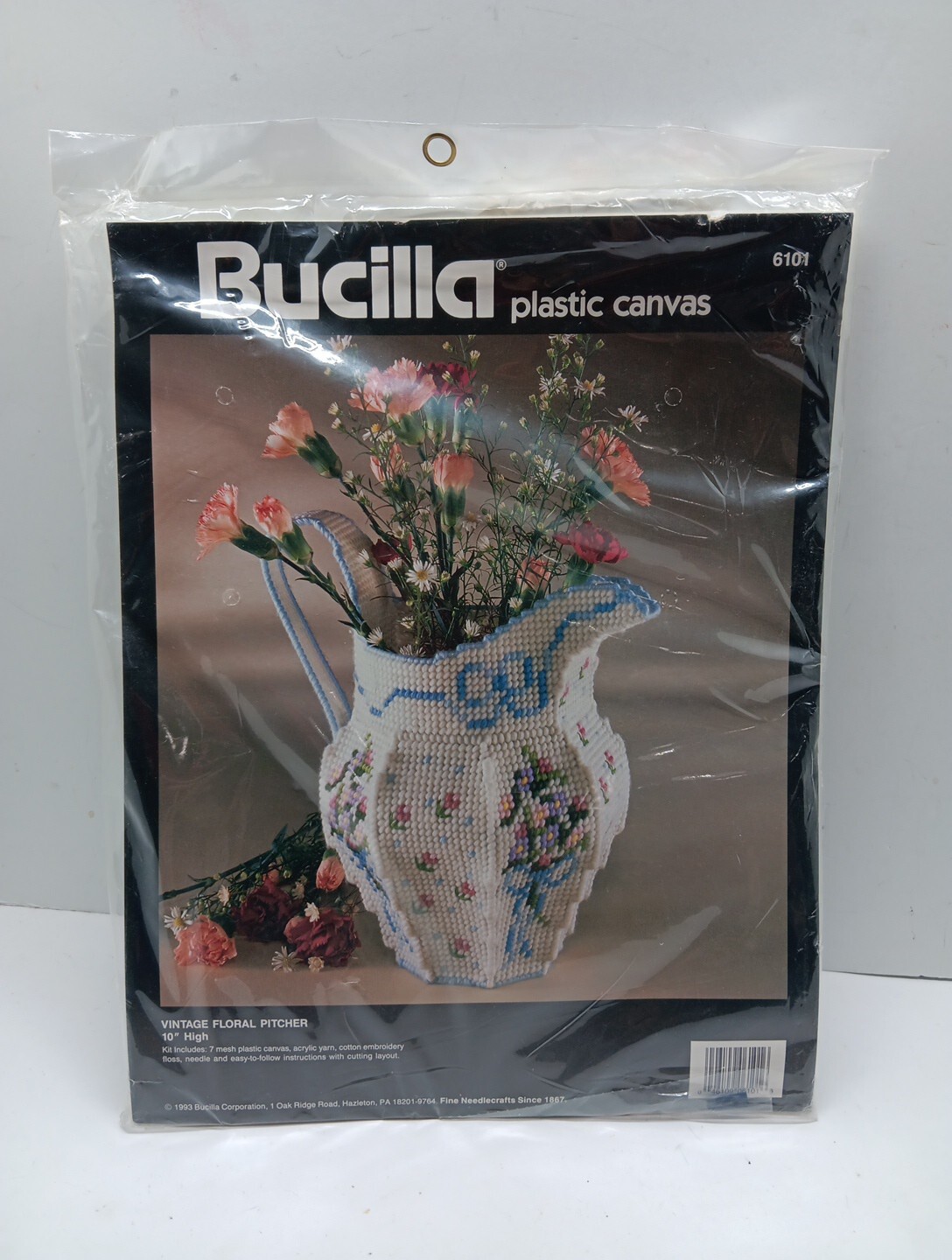 New Vintage 1993 Bucilla Plastic Canvas Kit Vintage Floral Pitcher 10"
