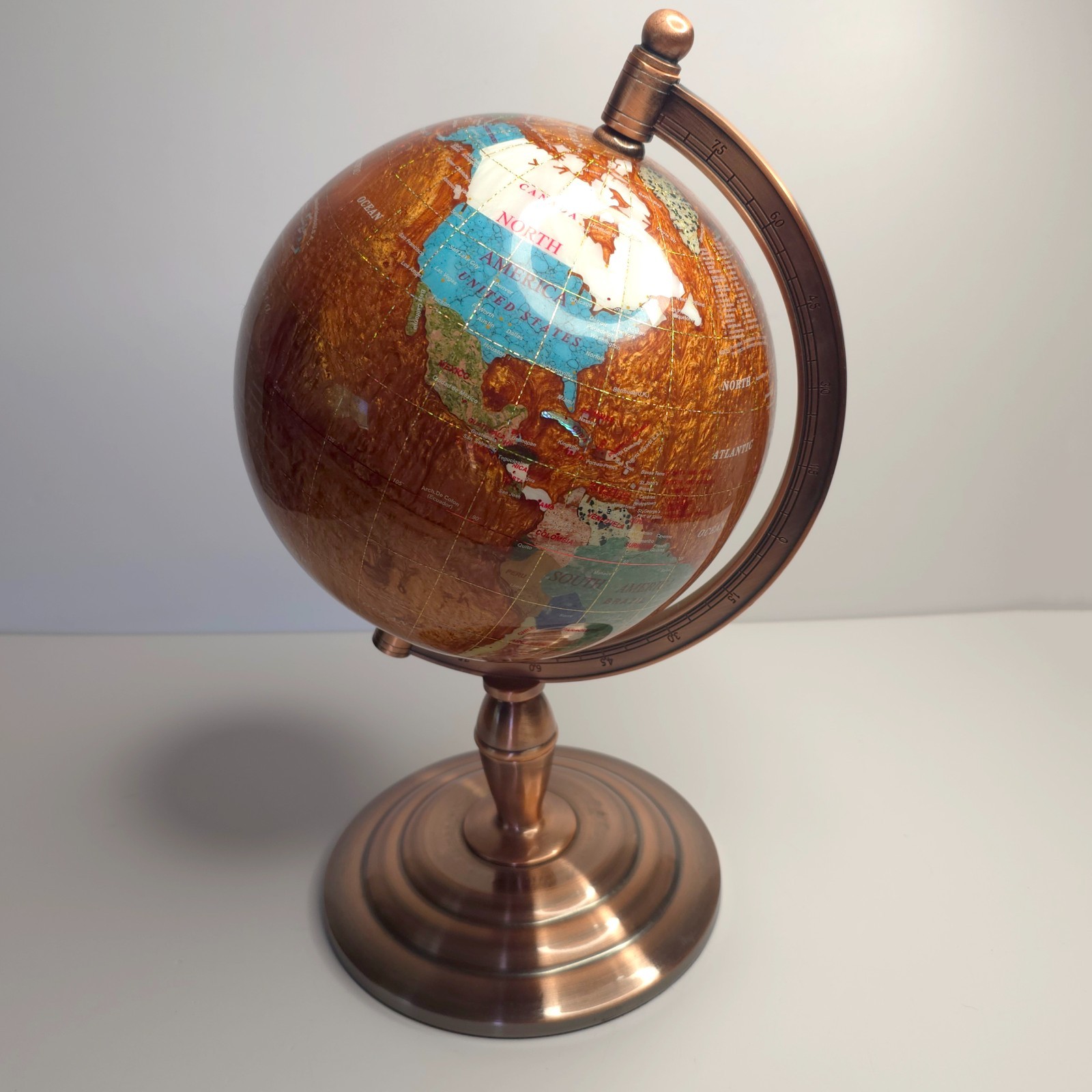 16" Gemstone Inlay World Globe Copper Toned Stand Vintage Style