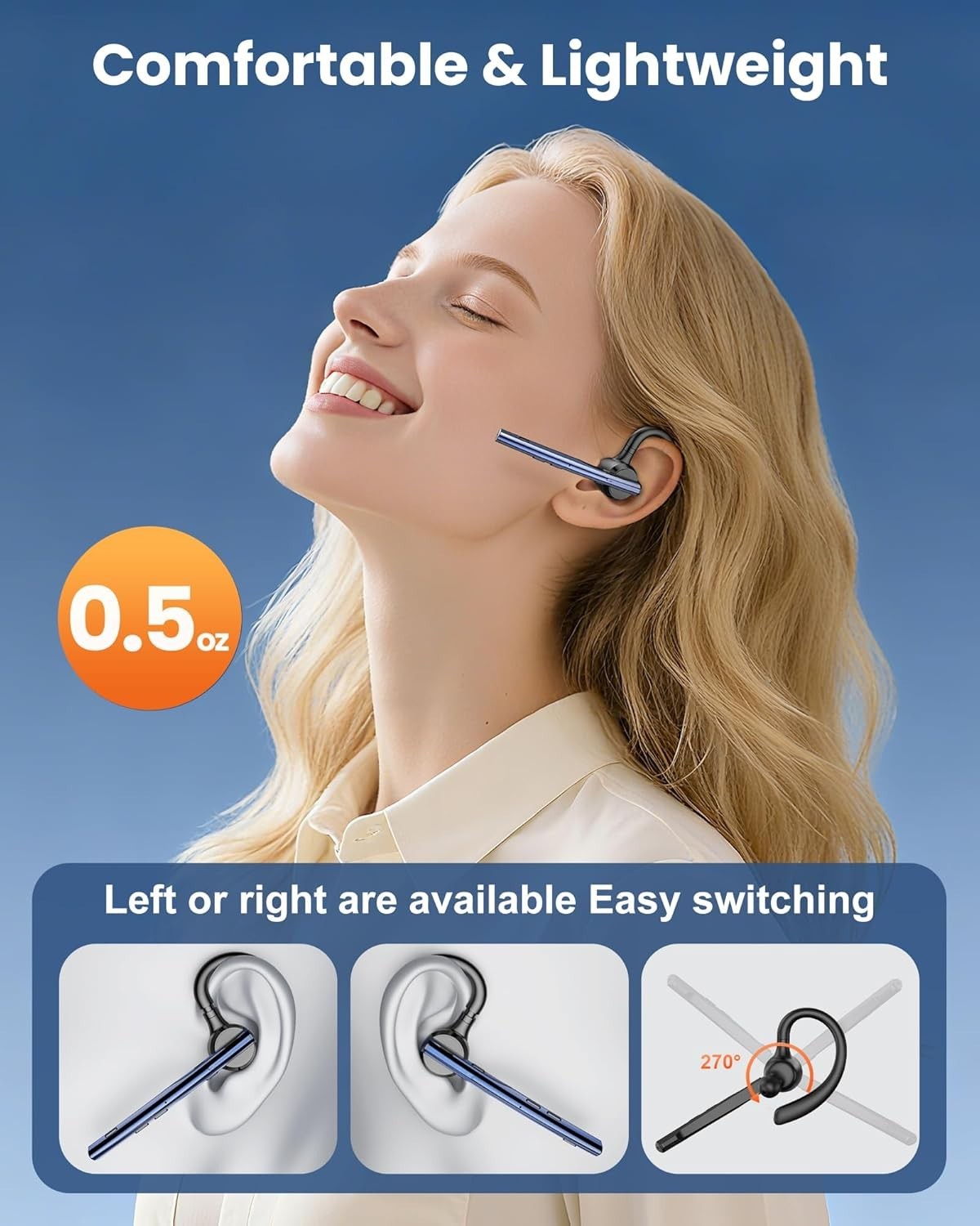 Ergonomic Bluetooth Headset V5.1 with Quick Charge & Noise Cancellation Features