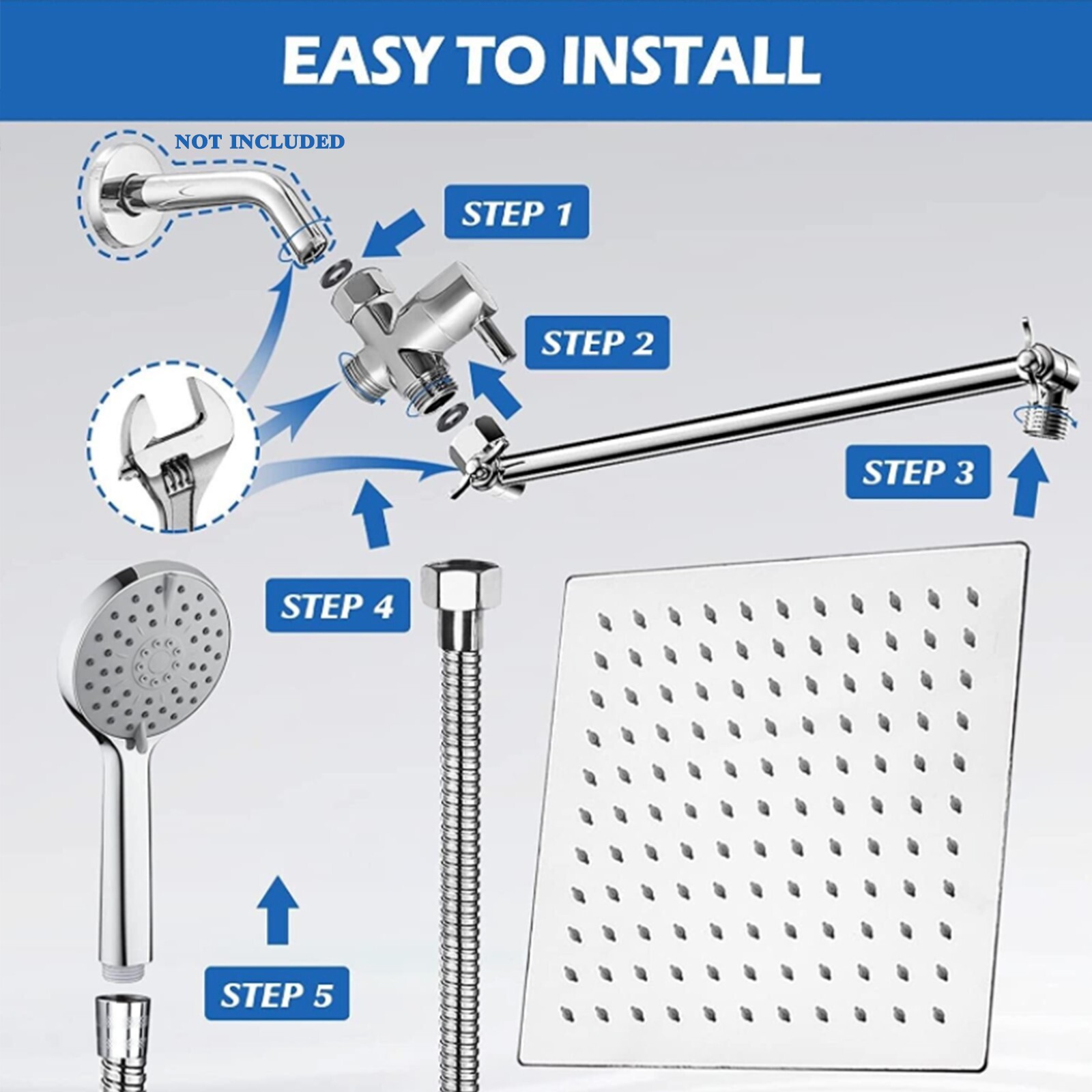 Chrome 8"Rain Shower Head with Handheld Spray Combo High Pressure Adjustable Arm