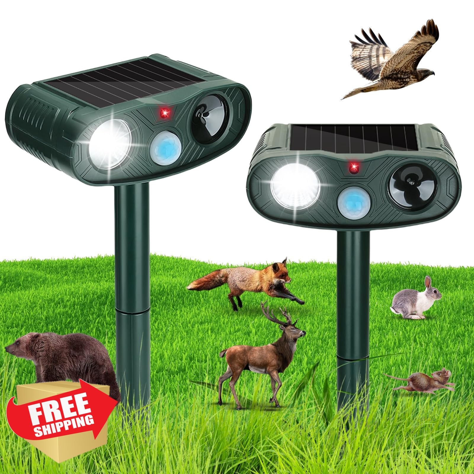 Solar Animal Repellent Ultrasonic Deer Cat Repeller Yard, 2 Pack
