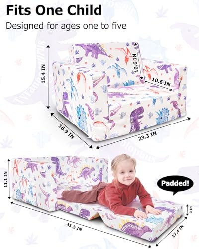 Kids Couch, 2-in-1 Kids Fold Out Couch, Convertible Sofa to White Dinosaur