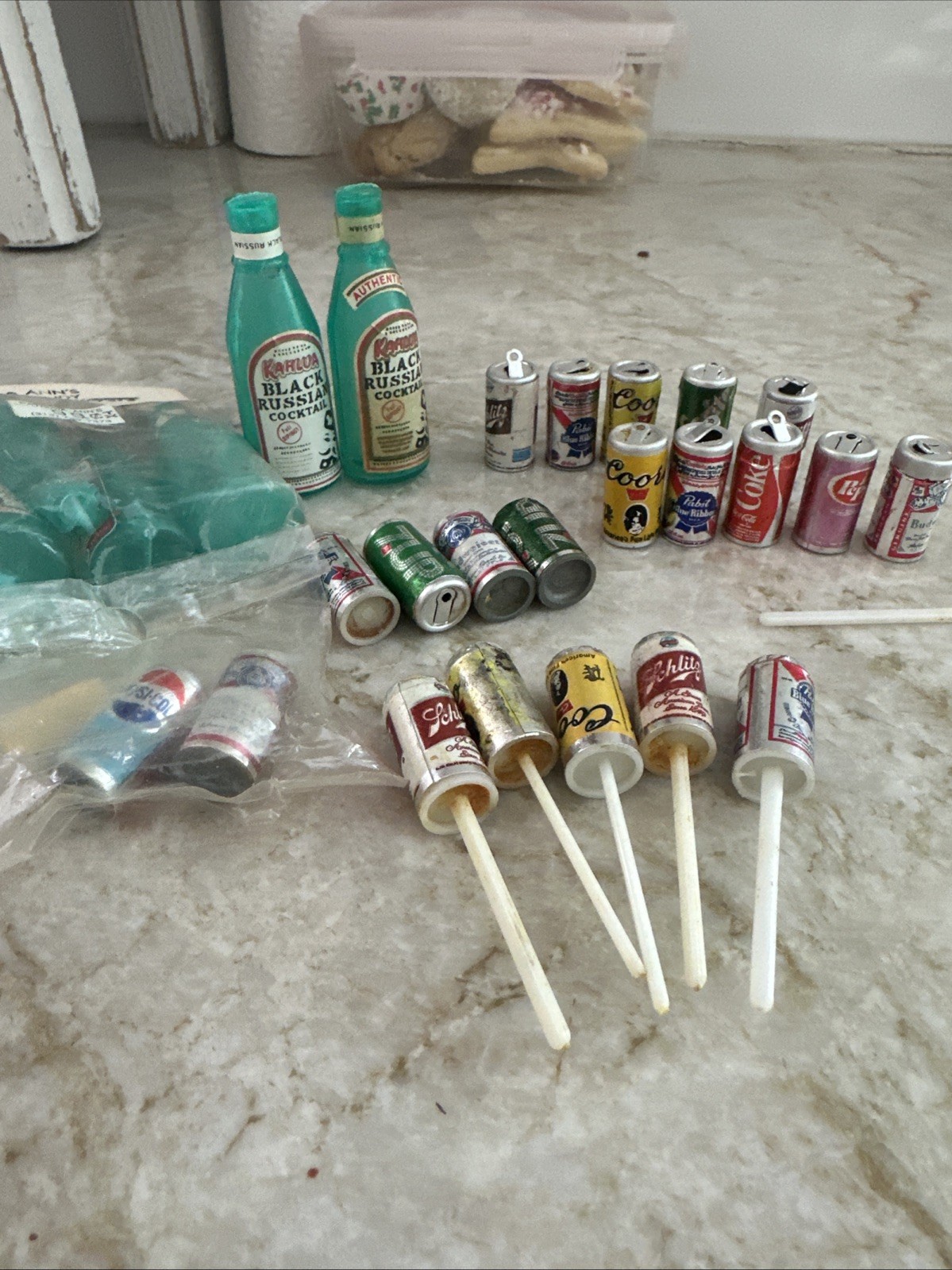 31 Mini Vntg Cake Decorations Beer Cans, Pabst Blue Coke Black Russian Pepsi