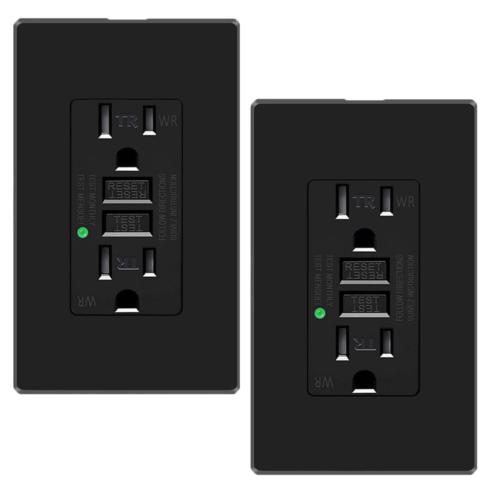 2× 15A/125V GFCI Outlet Black WR TR LED Light & Decor Plate Included for Home