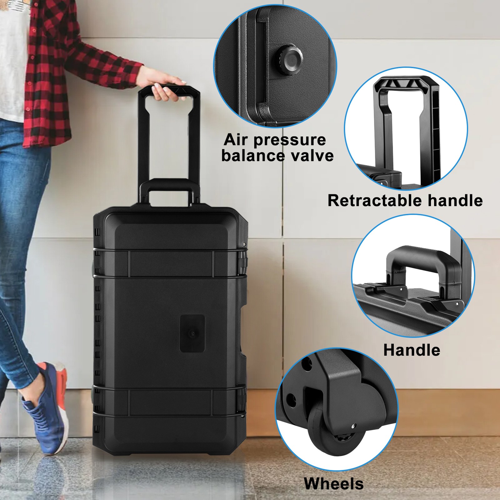 Waterproof Rolling Protective Case,Hard Compact Camera Case W/Handle Wheel