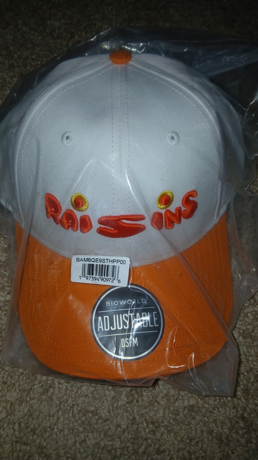 SOUTH PARK-RAISINS-EMBROIDERED HAT-PINBACK ADJUSTABLE-NEW/TAGS-WHITE/ORANGE