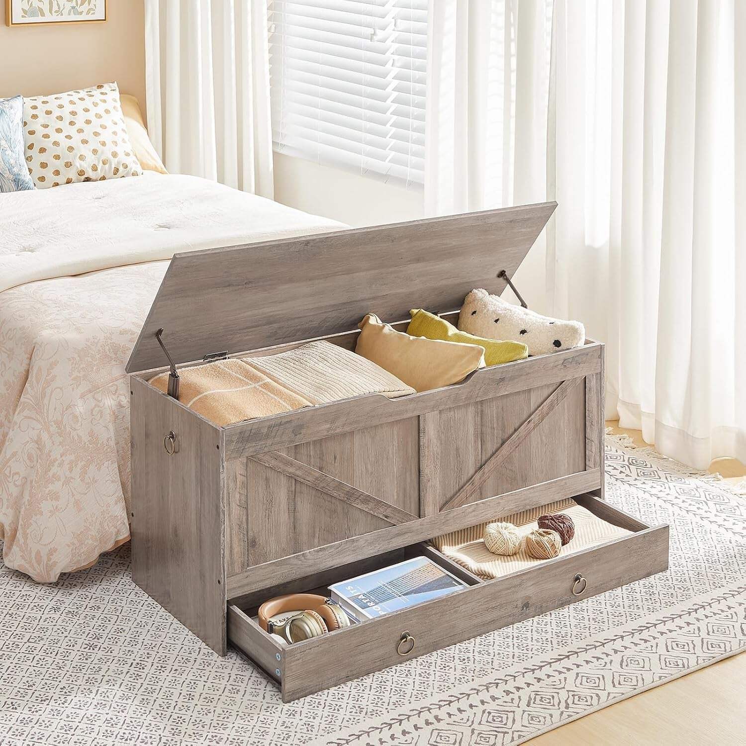 SolidWoodFinish Storage Bench Greige 43Inch Drawer