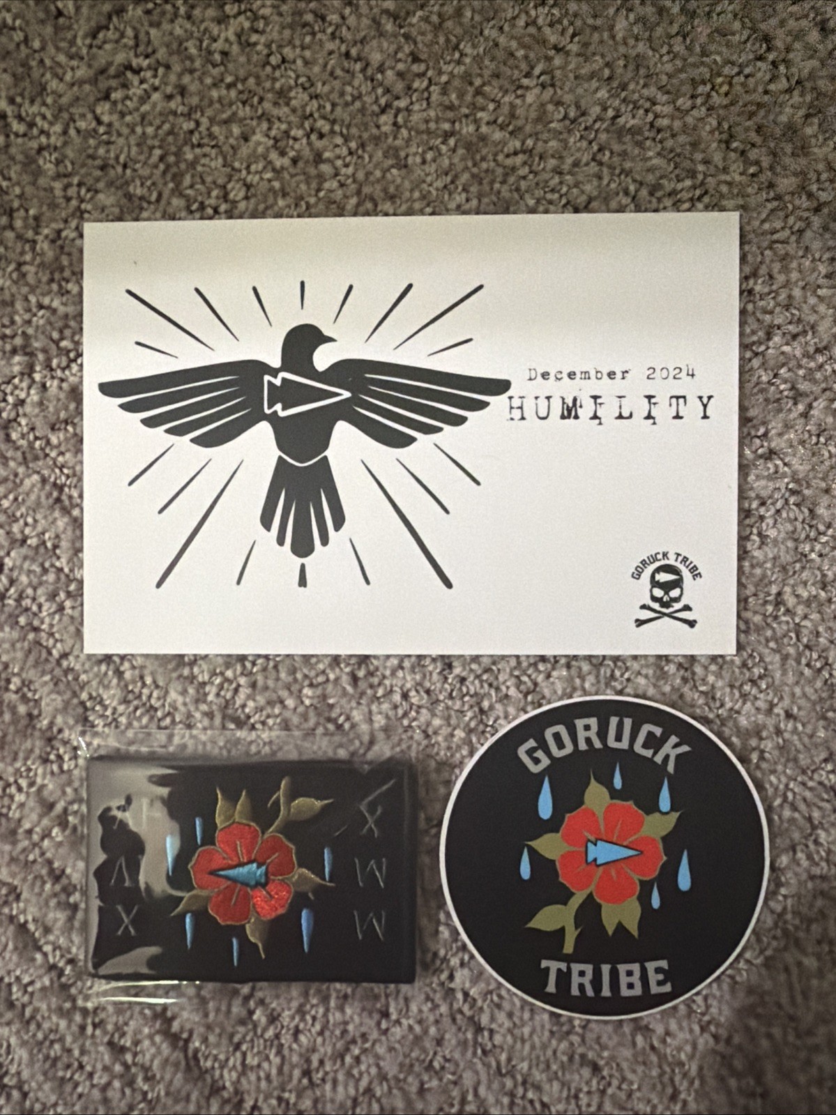 GORUCK Tribe December 2024 Humility Patch + Sticker + Workout Card Set