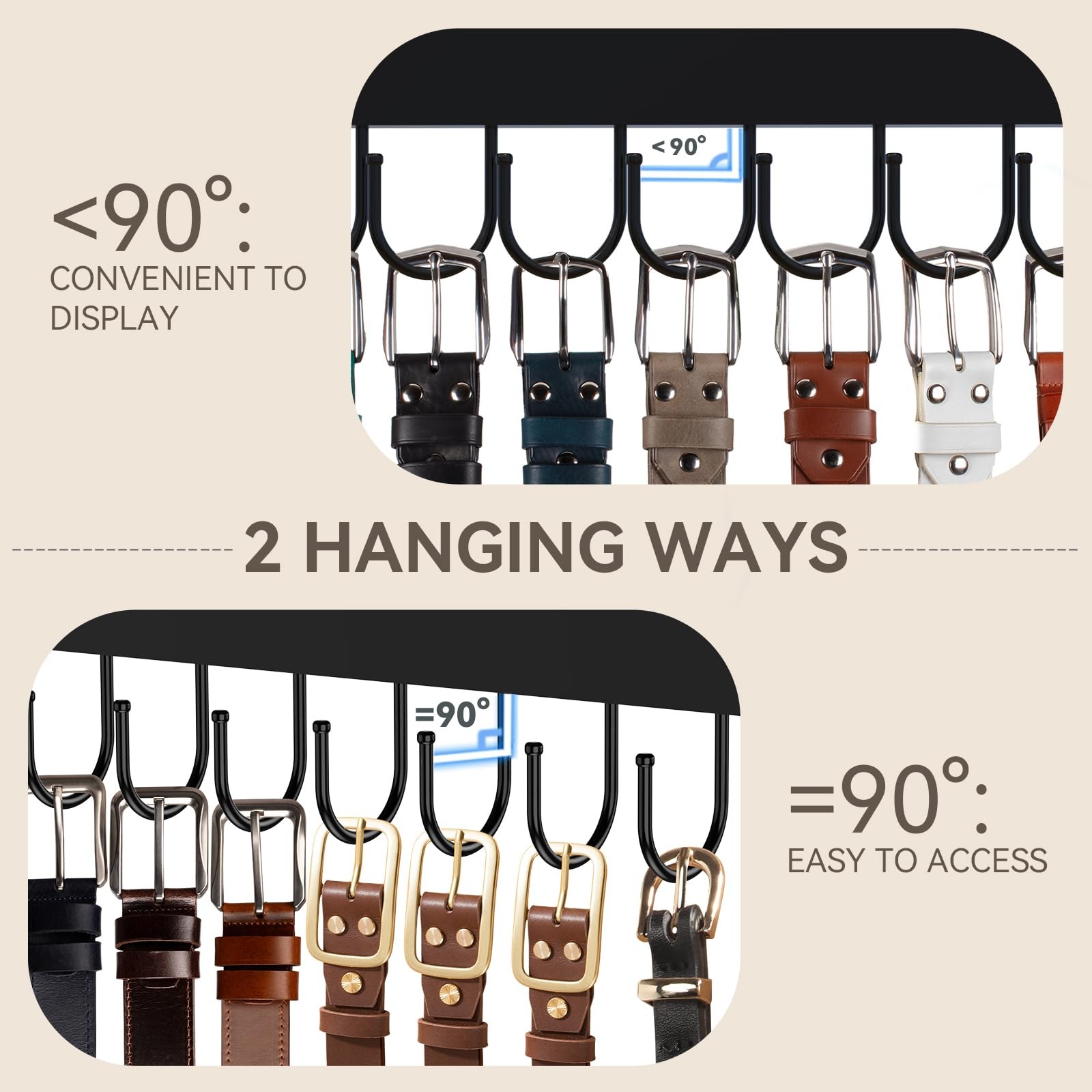 2PCS Wooden Belt Hanger Wall Mount 24 Hooks Closet Organizer