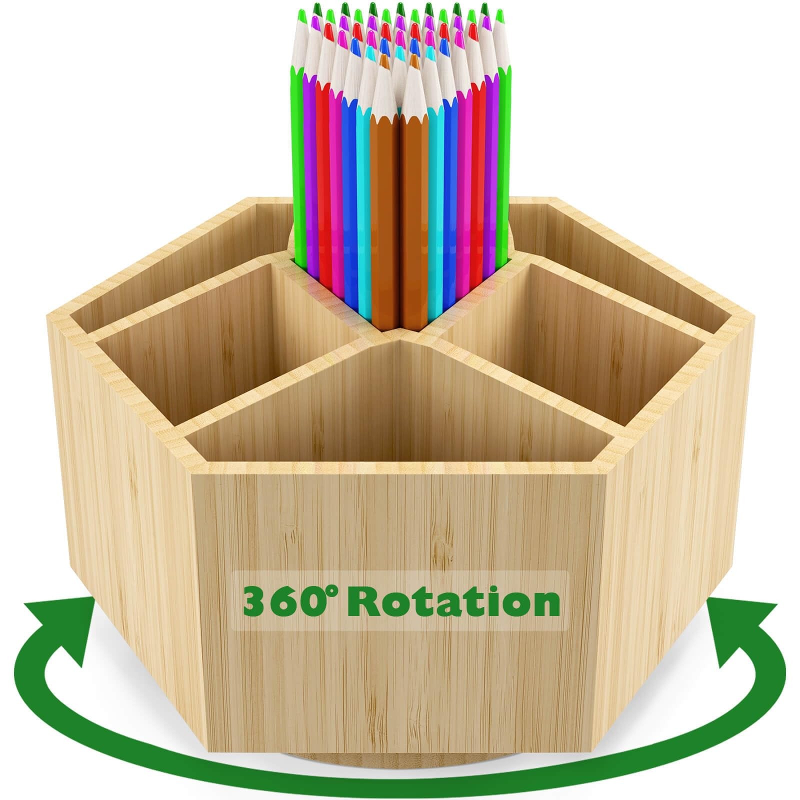 Bamboo Rotating Art Supply Organizer, 7 Sections, Hold 350+ Pencils, School Supp