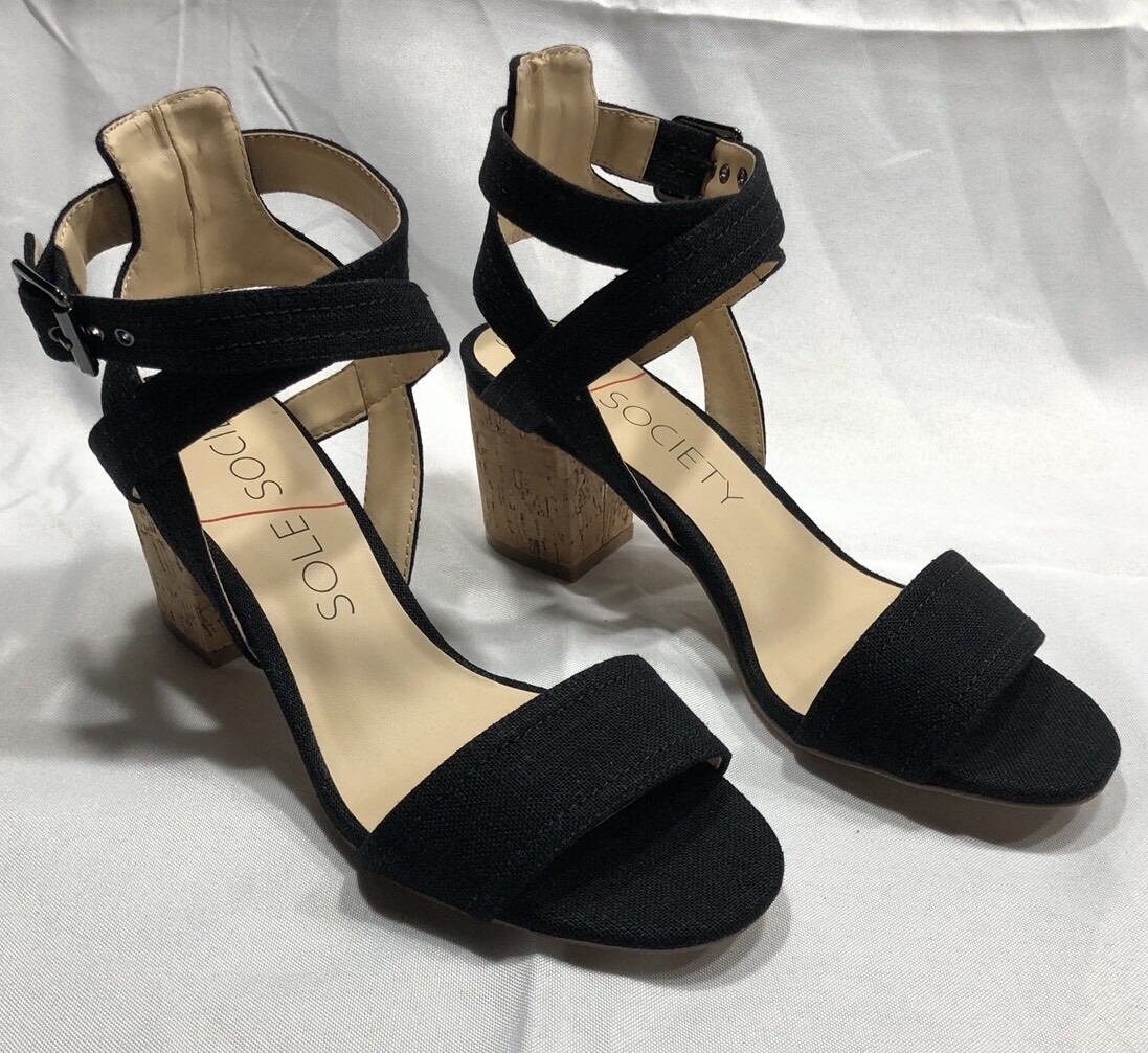 Sole Society Black Canvas Zahara Block Cork Heel Sandals Women Size 8 New QVC