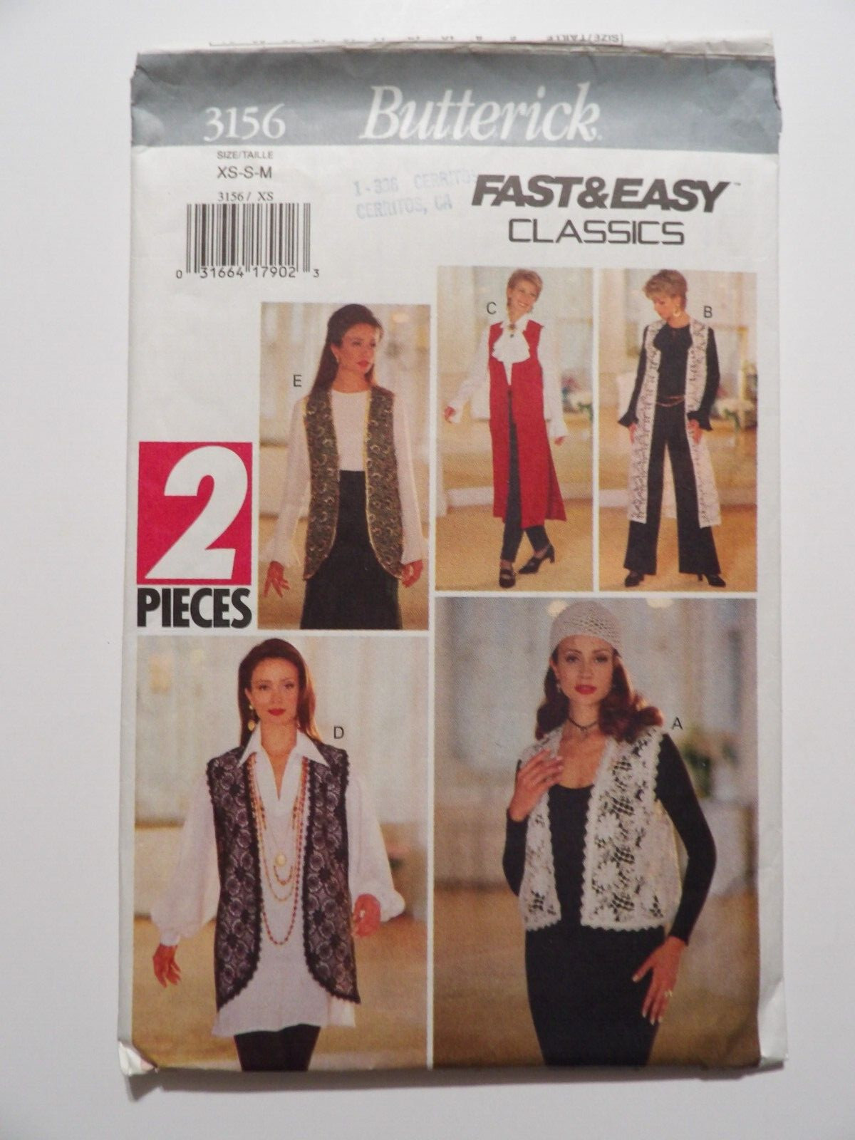 Butterick Misses' Vests in Multiple Lengths - Size XS S M 3156 Uncut FF Vintage