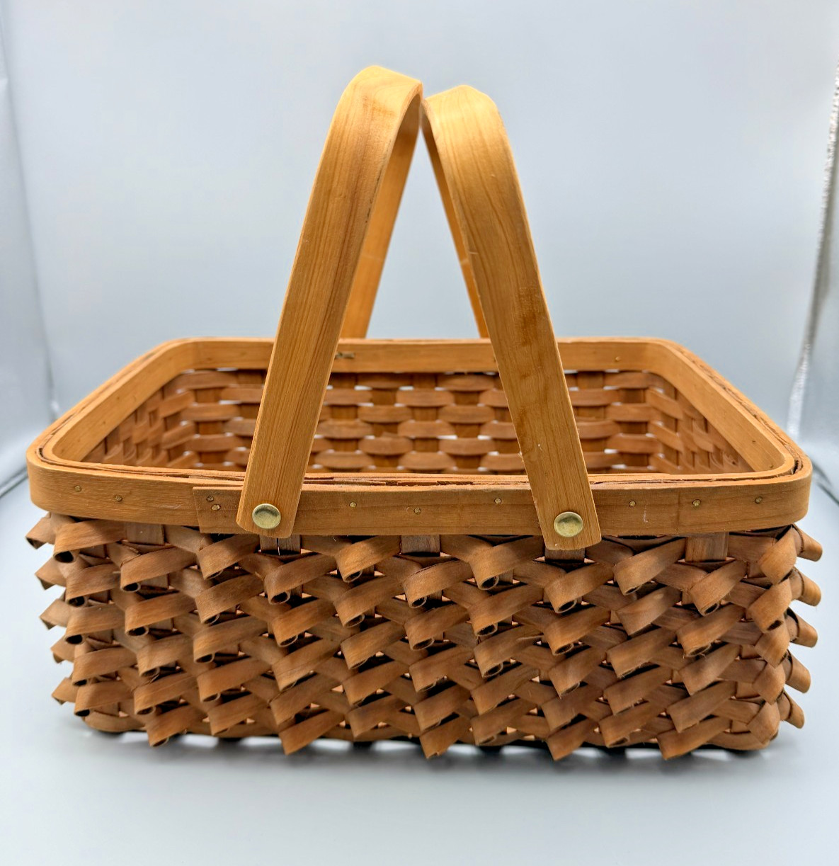 Rustic Woven Wood Basket Curly Q with Handles Decorative Storage Double Handles
