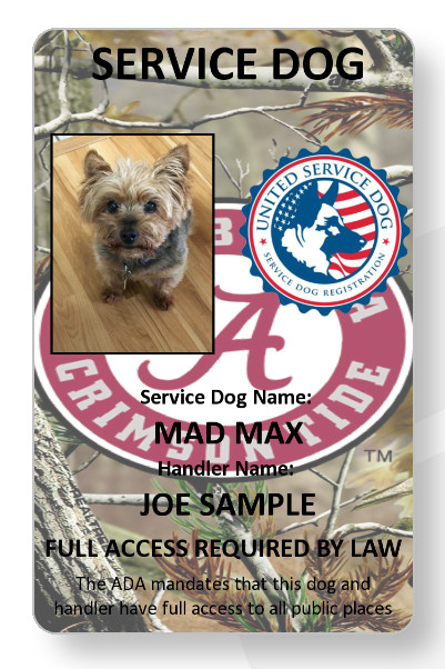 Alabama Roll Tide lService Dog/Emotional support/Therapy Dog ID card