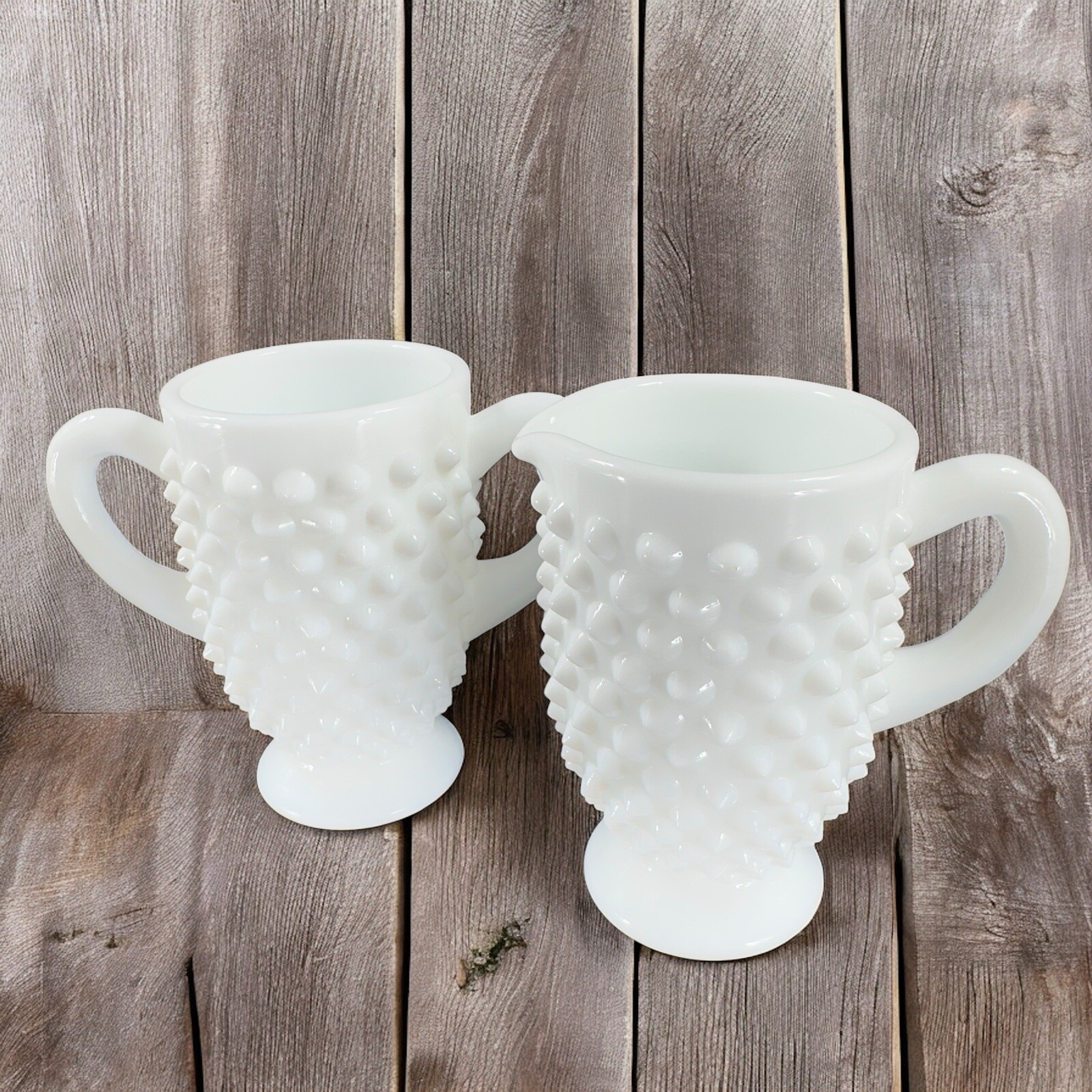 Vintage Fenton White Milk Glass Hobnail Sugar And Creamer Set Glassware Decor