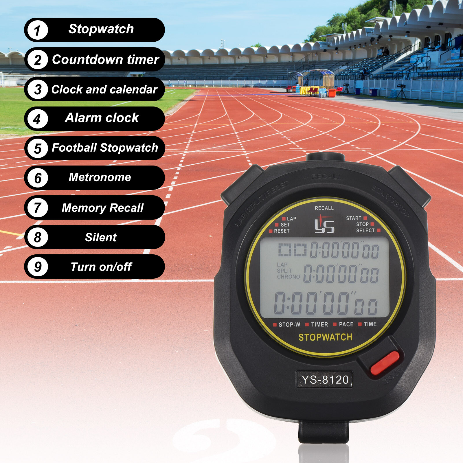 Professional Sport Stopwatch Timer 120 Lap Memory 0.01 Second Timing Black