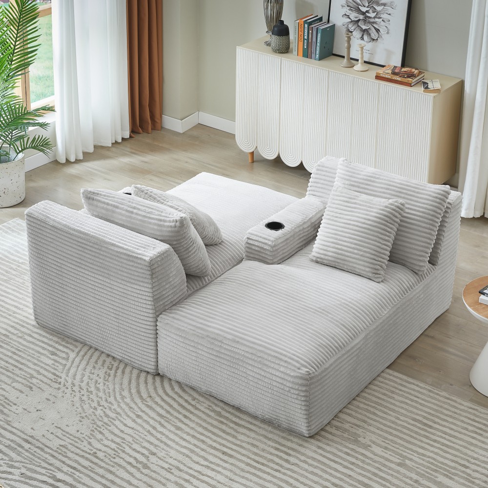 Light Gray Corduroy Compressible Double Chaise Sleeper Sofa with Cup Holders