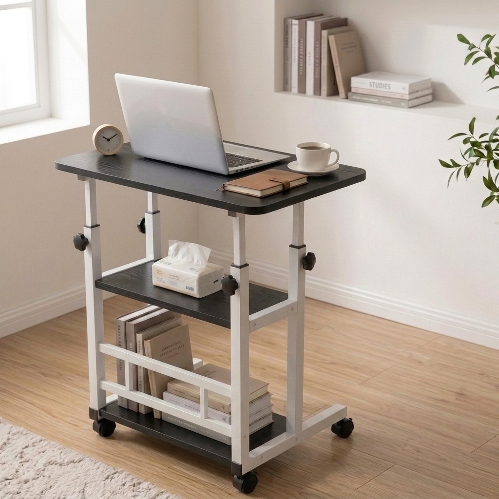 Height Adjustable Computer Desk w/ Storage Shelf Wheels Mobile Desk 3 tier BLACK