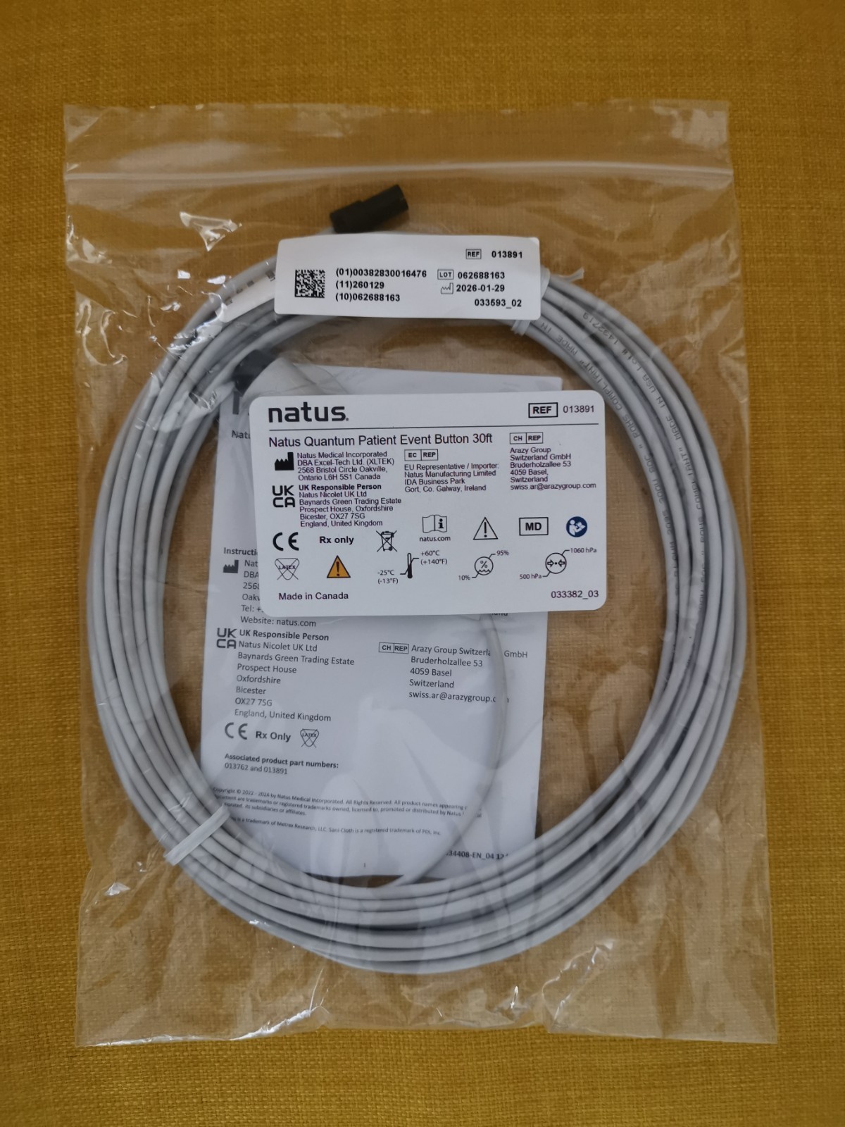 Natus Xltek Patient Event Button 30ft Cable 013891