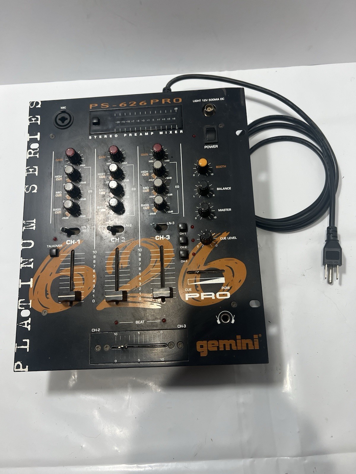 Gemini PS-626 Pro DJ Mixer 3 Channel Stereo Preamp Platinum Series UNTESTED
