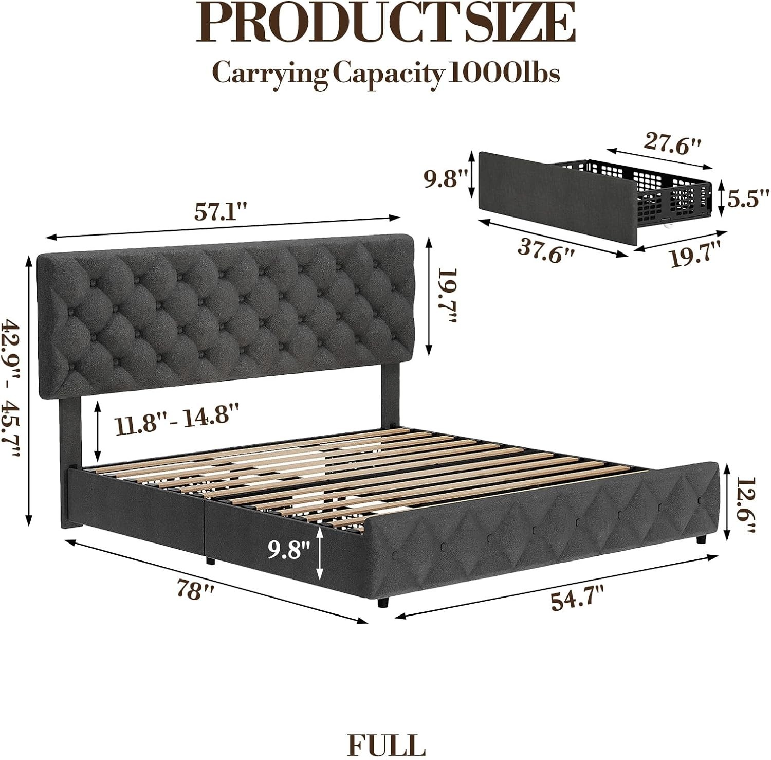 Full Size Bed Frame with Diamond Button Tufted and 4 Storage Drawers for Bedroom