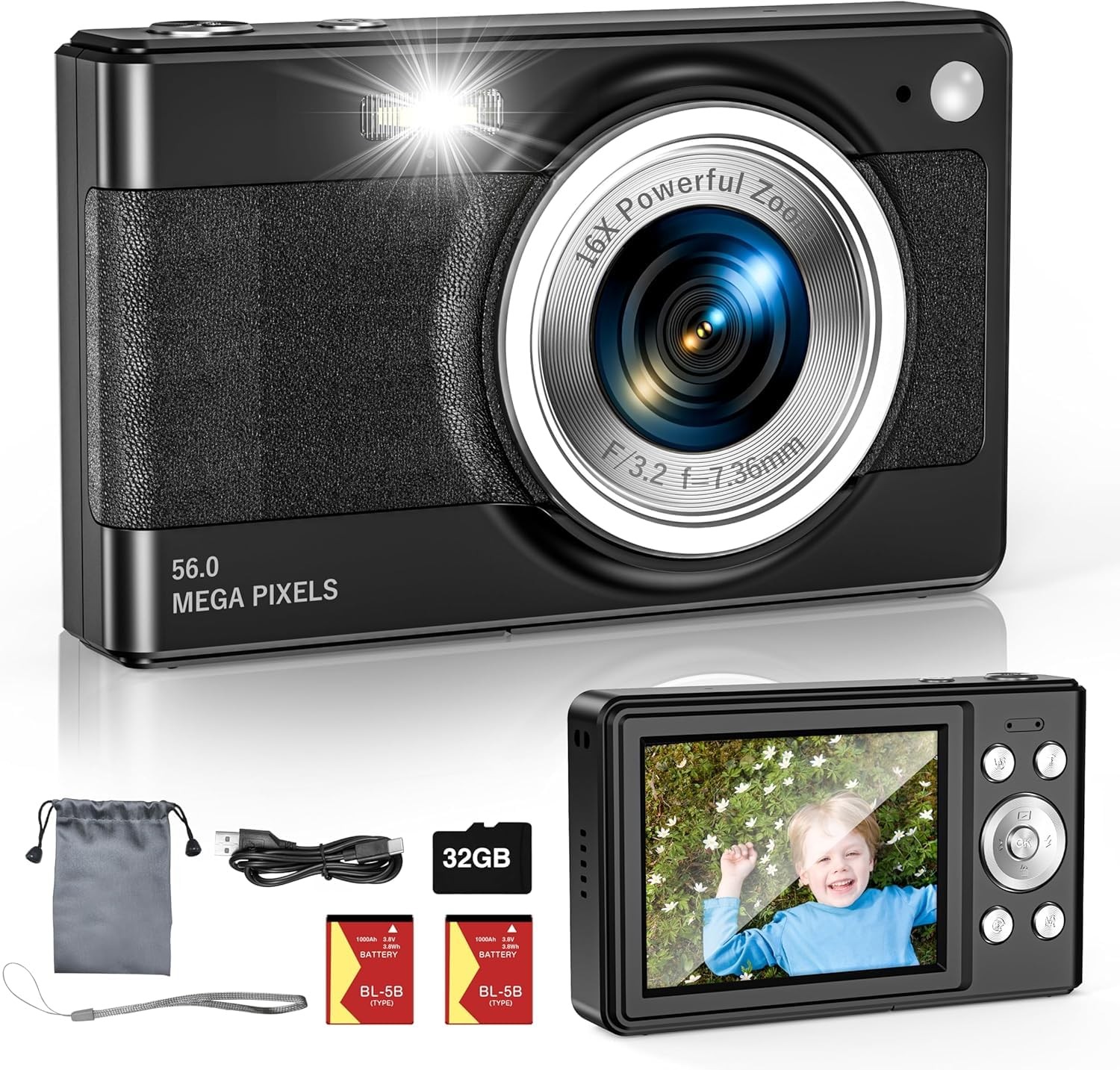 Upgrade Digital Camera, 56MP FHD 1080P 16X Kids Digital Zoom, 32GB TF Card,