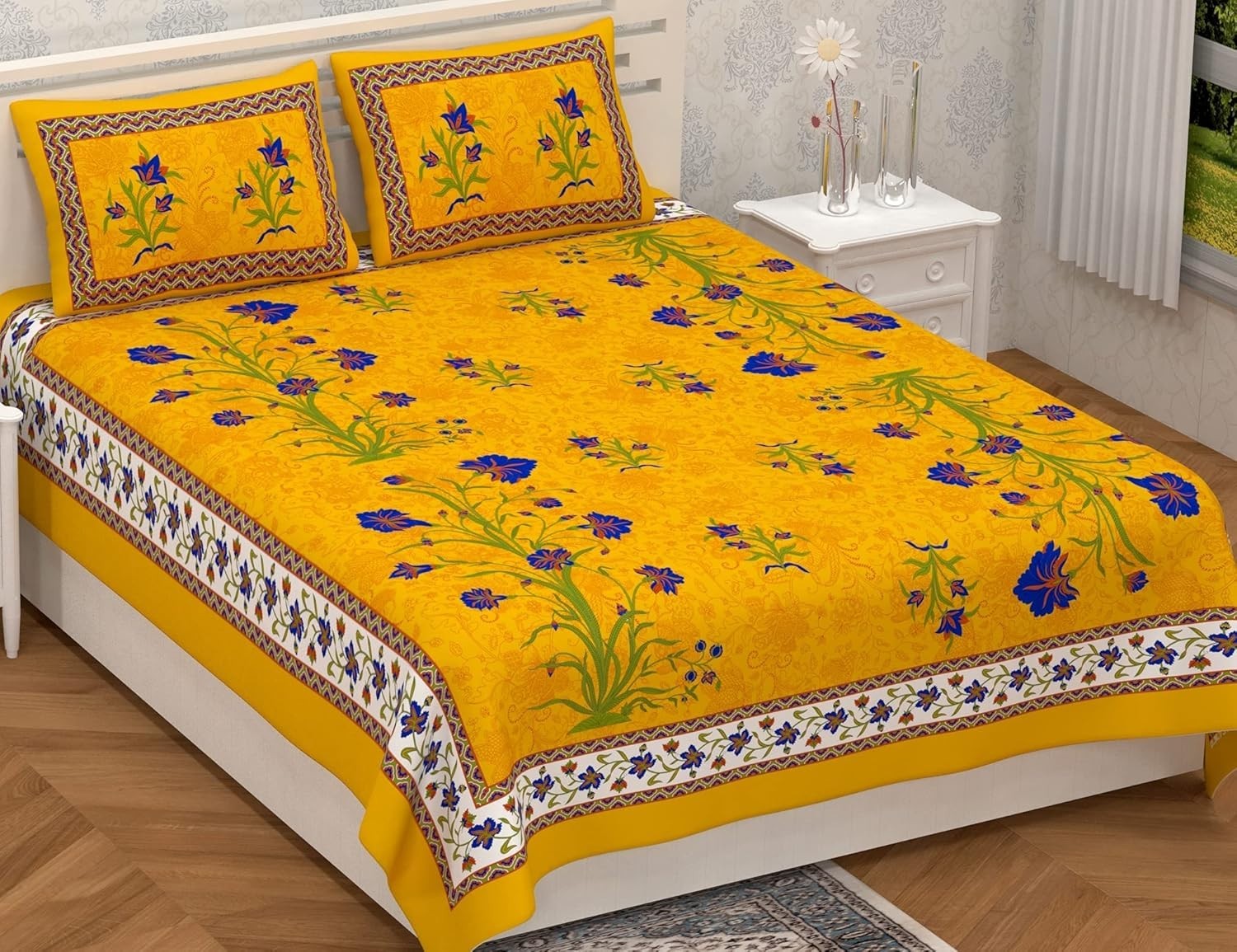 Sanganeri print Cotton Double Bedsheet with 2 Pillow Covers IB 109