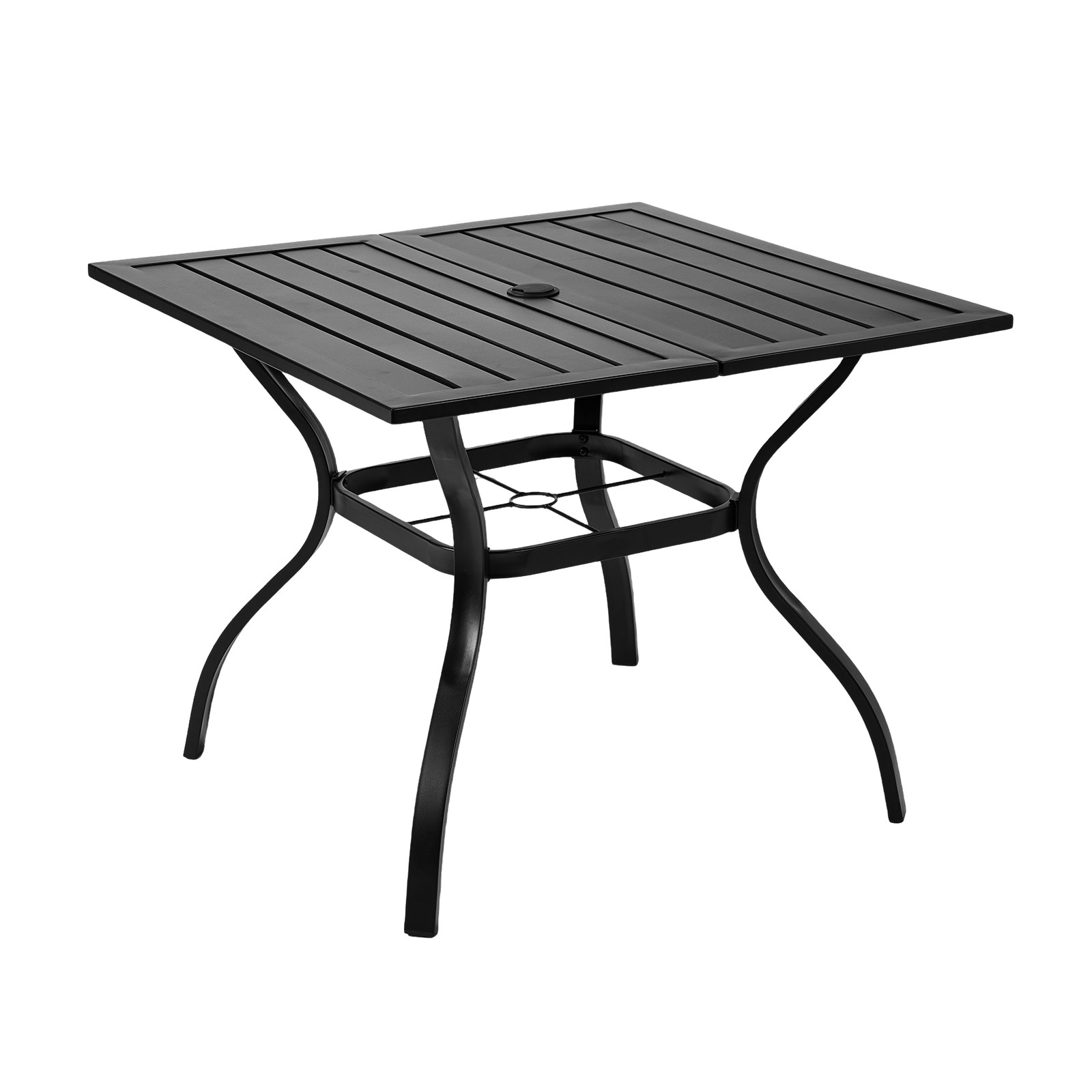 28in High In/Outdoor Patio Bar Table Metal Frame Slatted Top Umbrella Hole Black