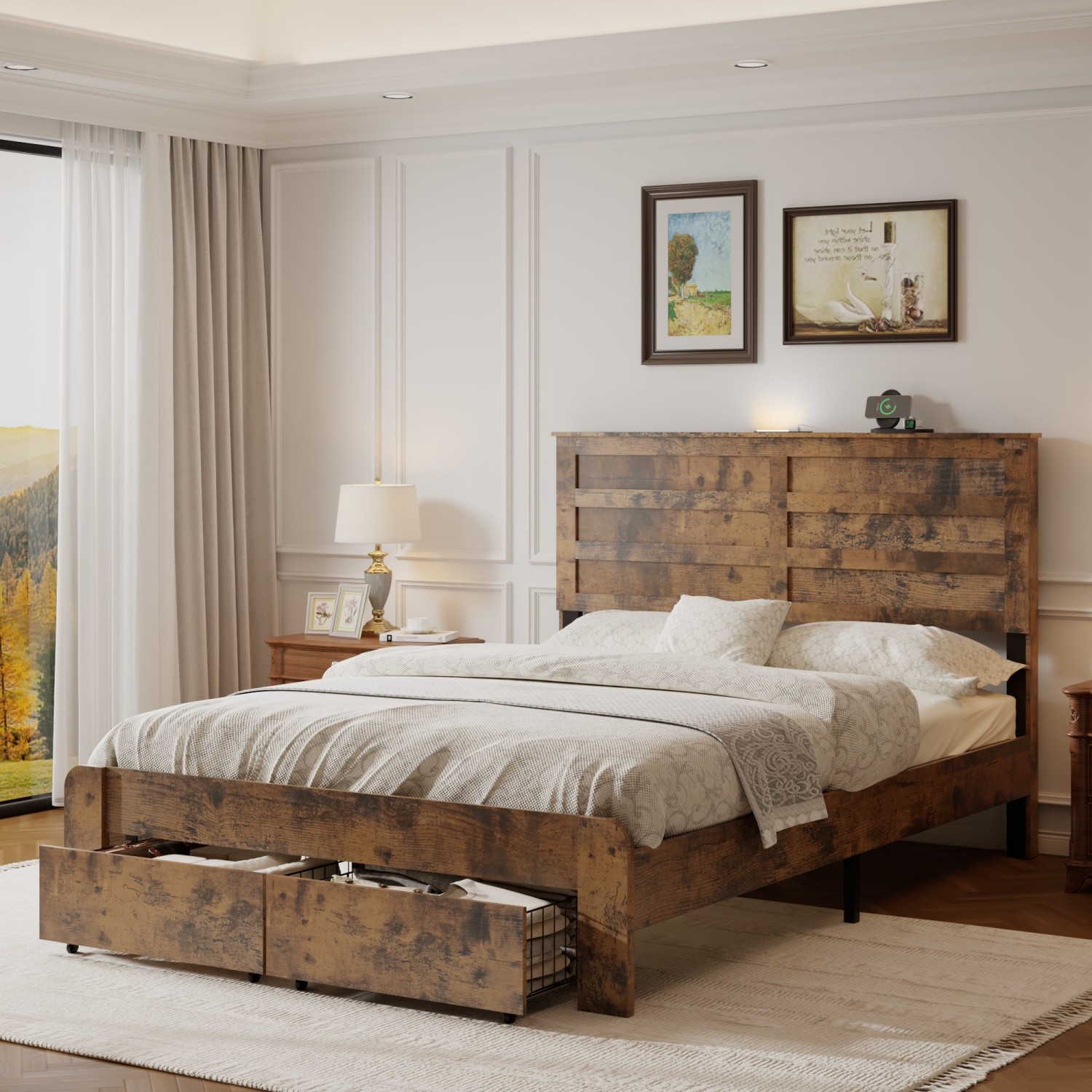 Full/Queen Size LED Metal Platform Bed w/ Wood Headboard & 2 Drawers & USB Ports
