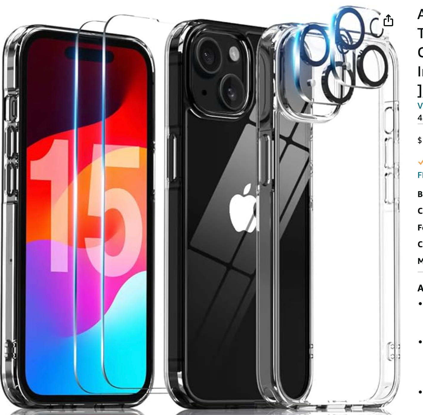 5 in 1 for iPhone 15 Case, with 2 Tempered Glass Screen Protector + 2 Camera Len