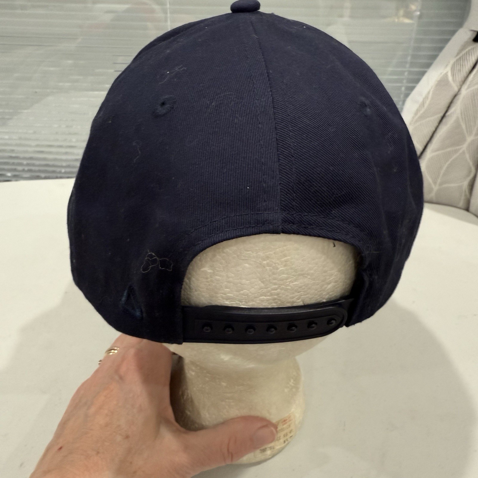 Circle w 2 Dots White Symbol on Navy Hat Cap w White Cord Snapback AHEAD EUC