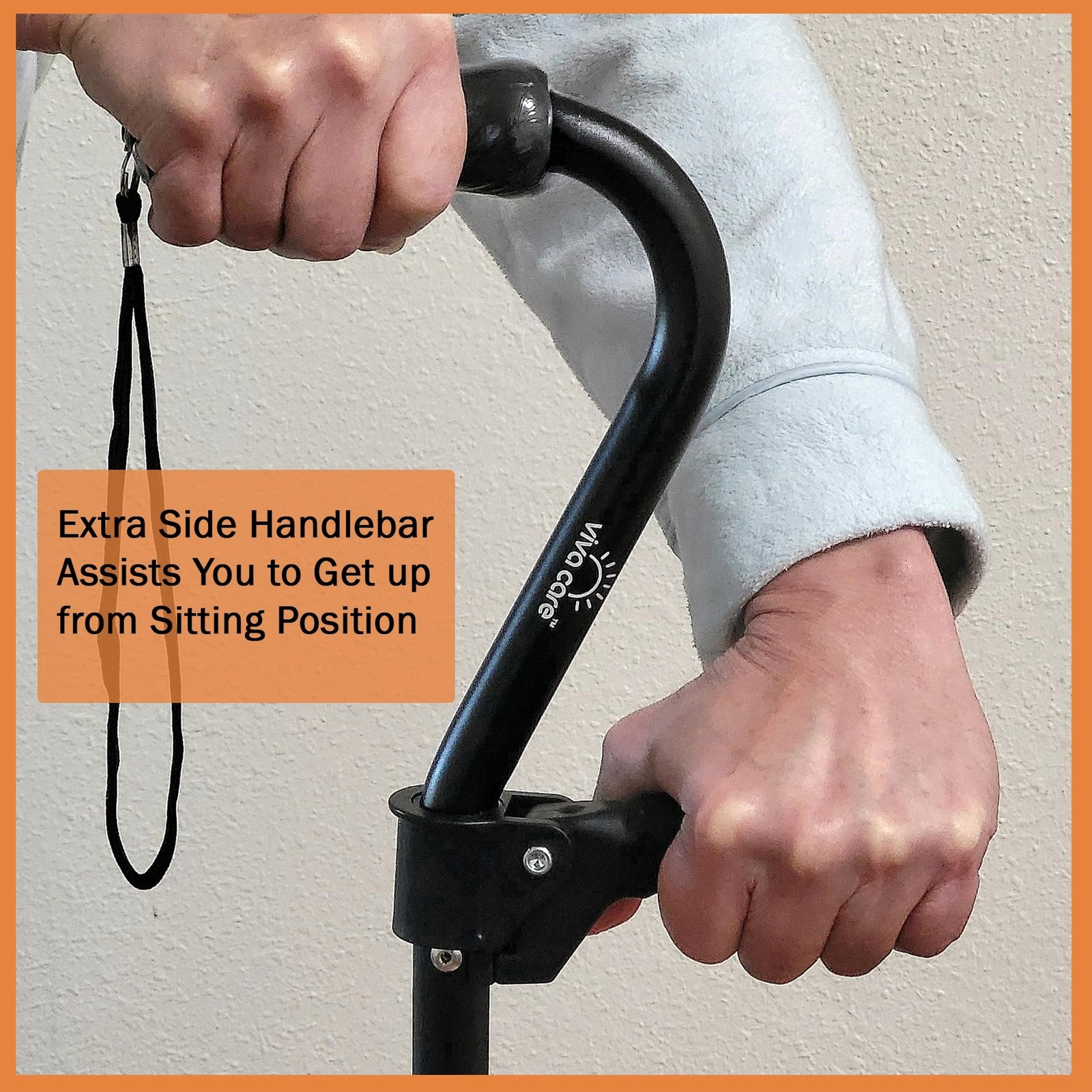 Foldable Adjustable 4 Prong Walking Cane with Extra Side Handle, Adult, Black